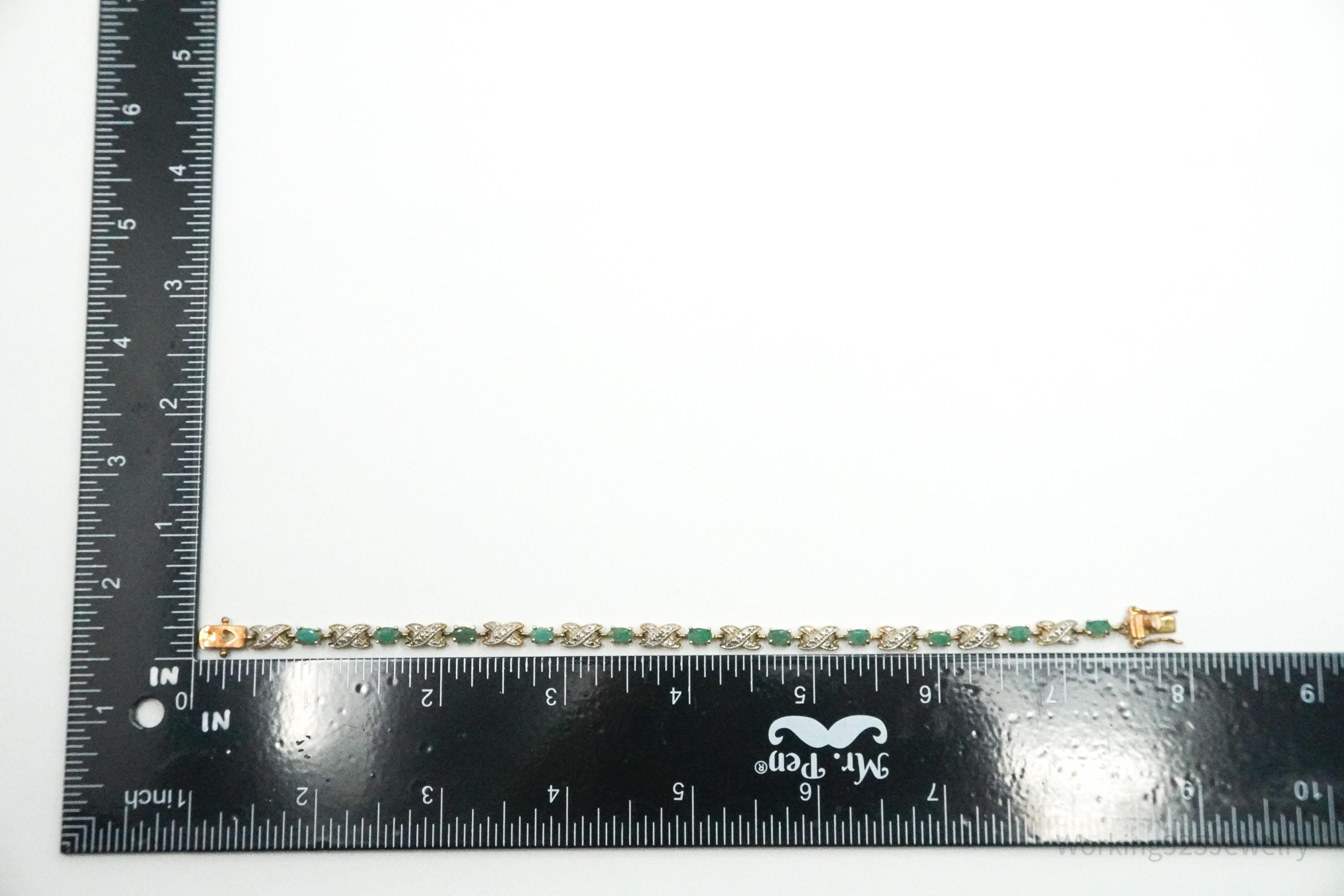 VTG Ross Simons Emerald & One Diamond 18K Gold Vermeil Sterling Silver Bracelet 7.75"