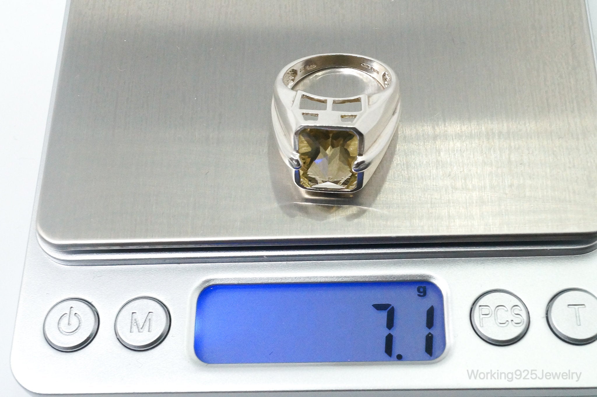 Vintage Art Deco Large Citrine Sterling Silver Ring - Size 8.5