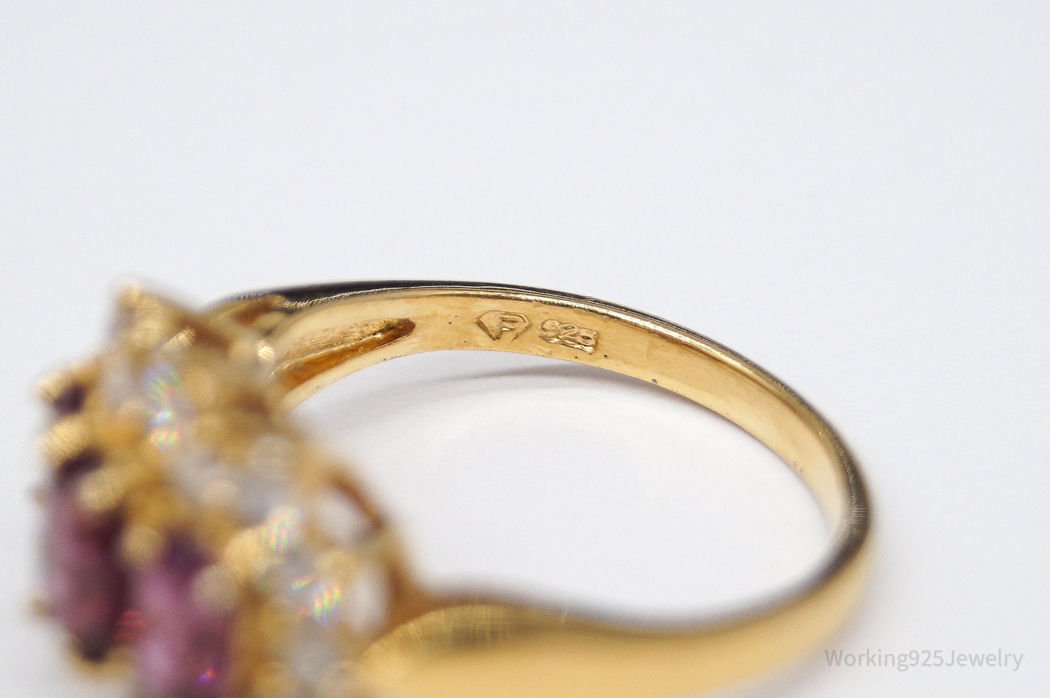 Vintage Pink Tourmaline Cubic Zirconia Gold Vermeil Sterling Silver Ring - Size 9