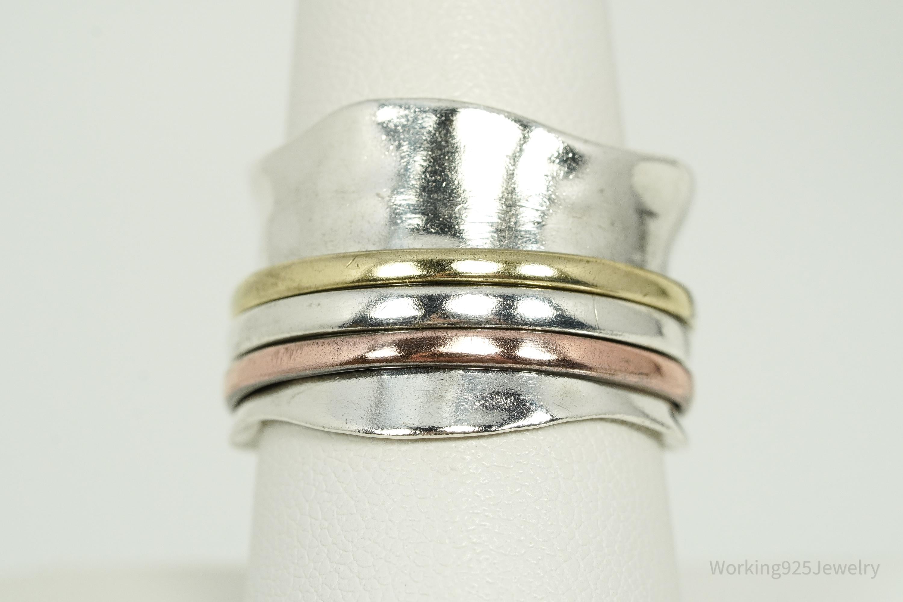 Vintage Brass & Copper Sterling Silver Spinner Band Ring- Size 8.25