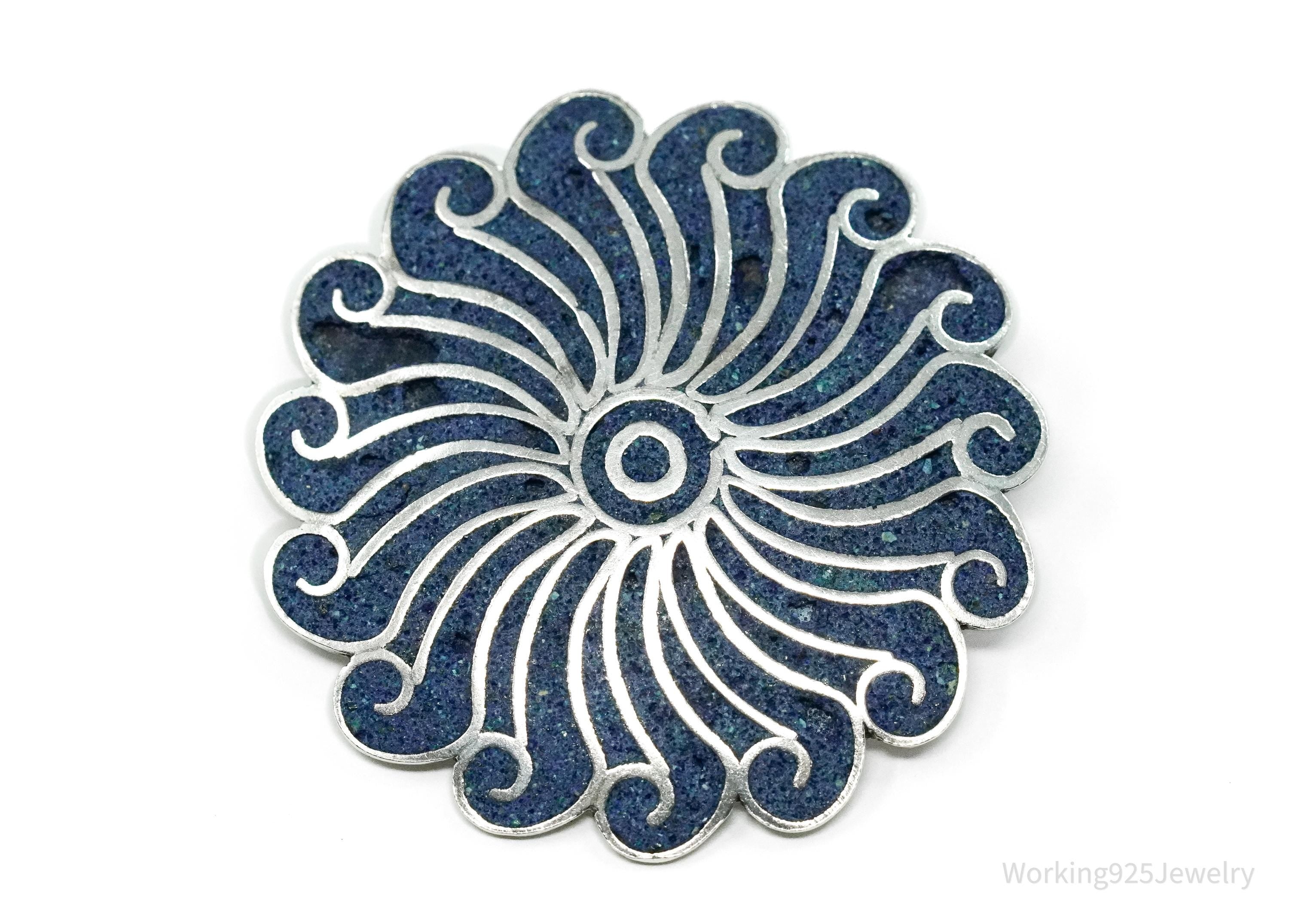 Large Vintage Mexican A Garcia Blue Stone Inlay Sterling Silver Brooch Pin Pendant