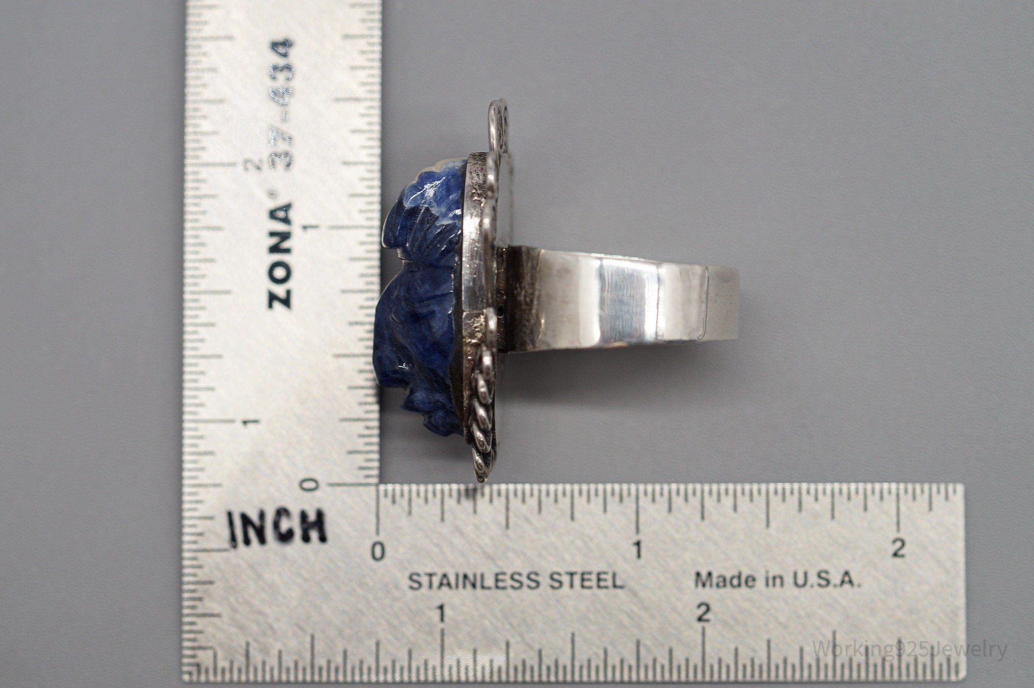 Vintage Carved Sodalite Aztec Mayan Mask Sterling Silver Ring Size 10.5