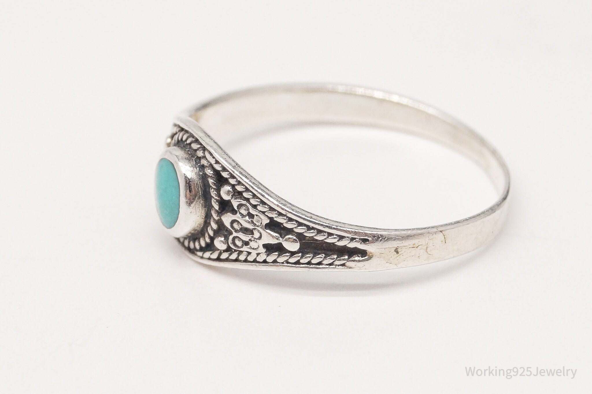 Vintage Turquoise Filigree Sterling Silver Ring - Size 7