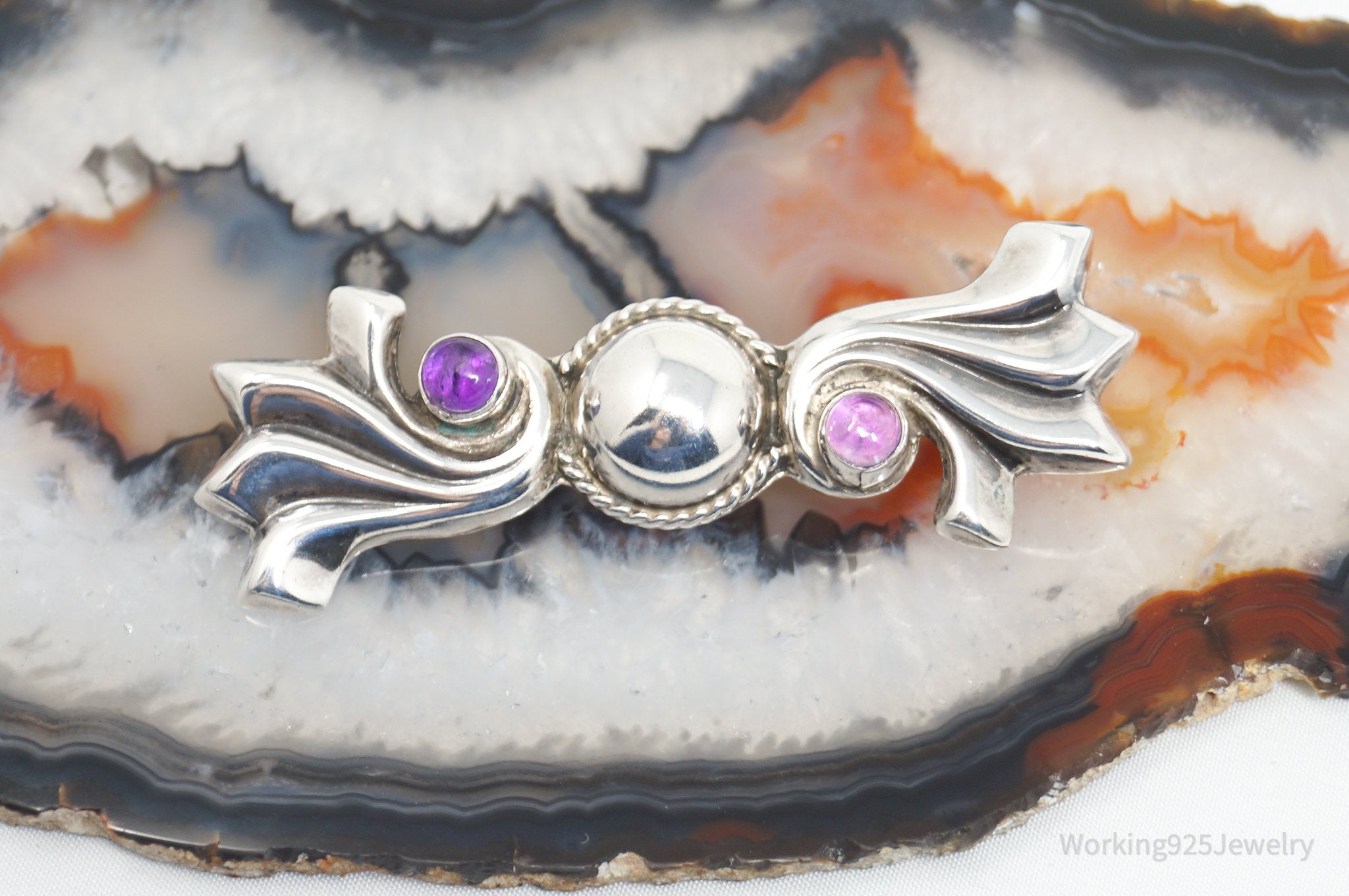 Vintage Mexican Amethyst AME Modern Sterling Silver Brooch Pin