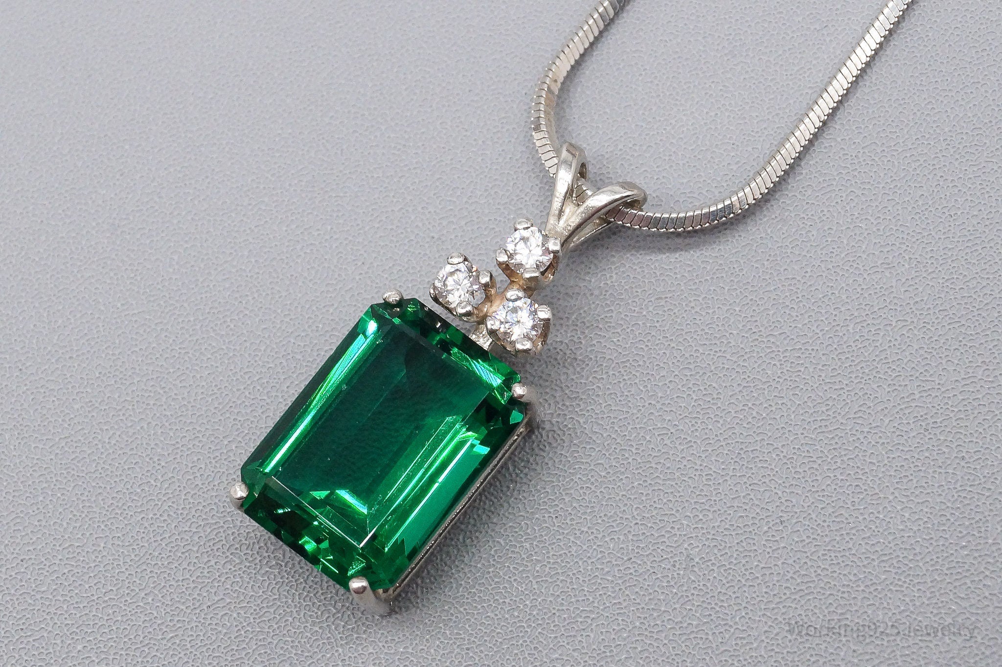Vintage Lab Emerald Cubic Zirconia Sterling Silver Necklace 20"