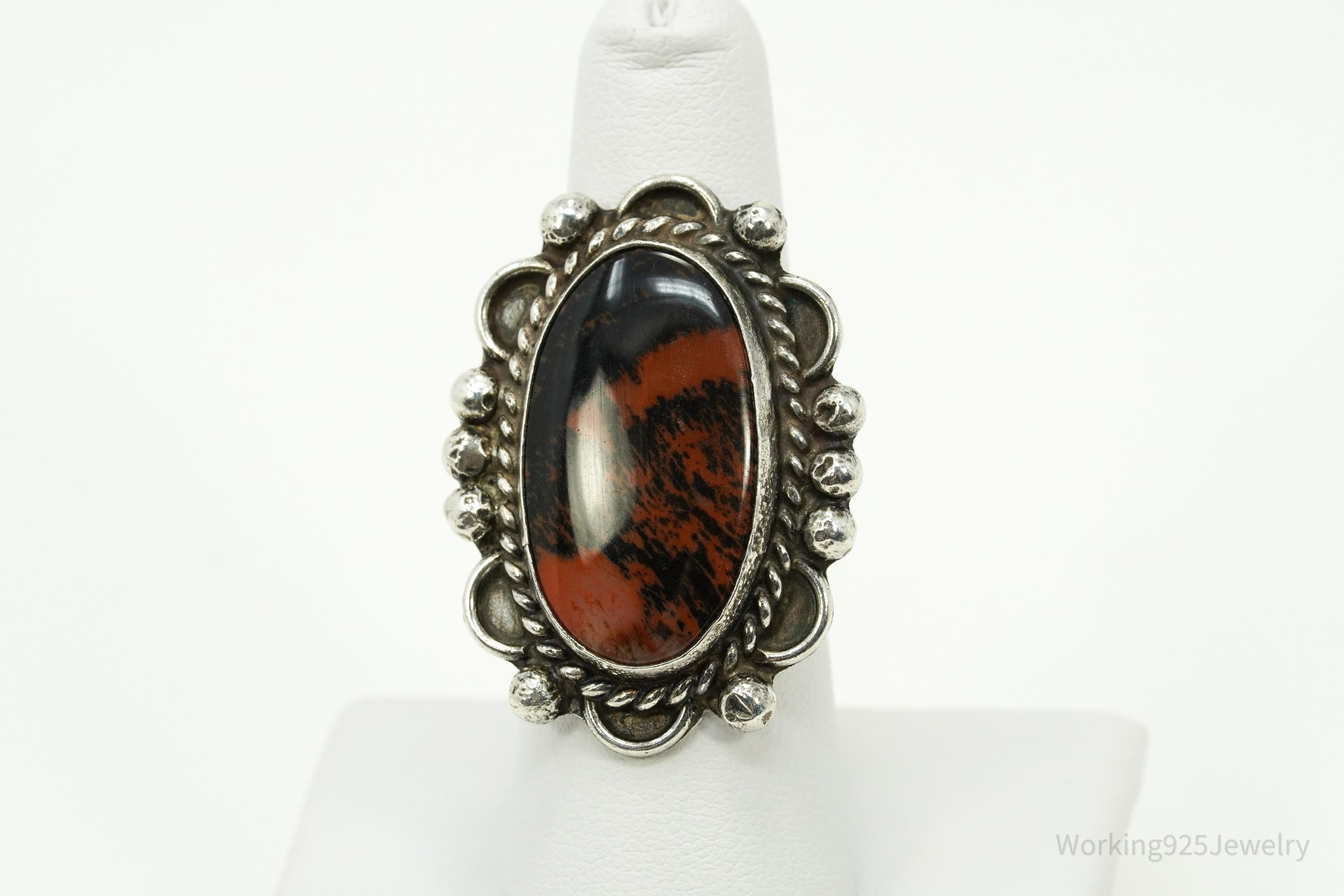 Vintage Native American Petrified Wood Stone Silver Ring - Size 7.25