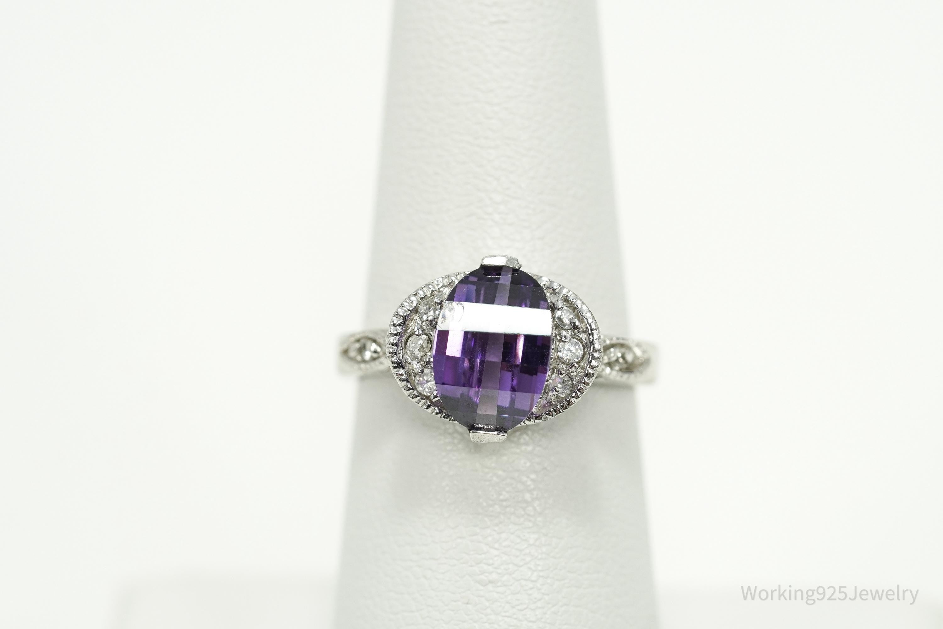 Vintage Amethyst & Cubic Zirconia Sterling Silver Ring - Size 6.5