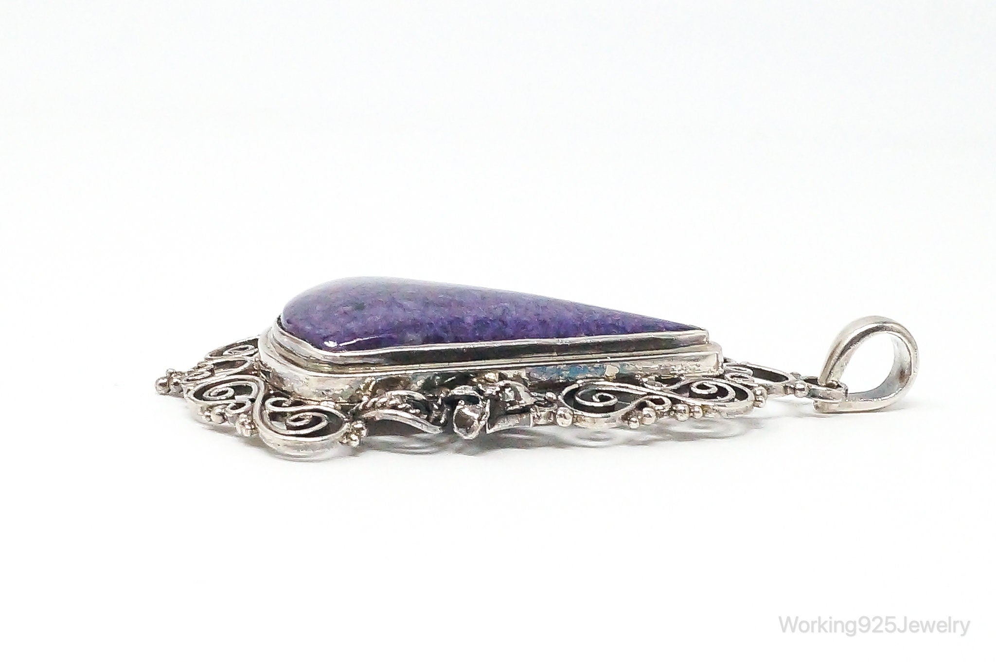 Vintage Purple Charoite Sterling Silver Floral Scroll Statement Necklace Pendant