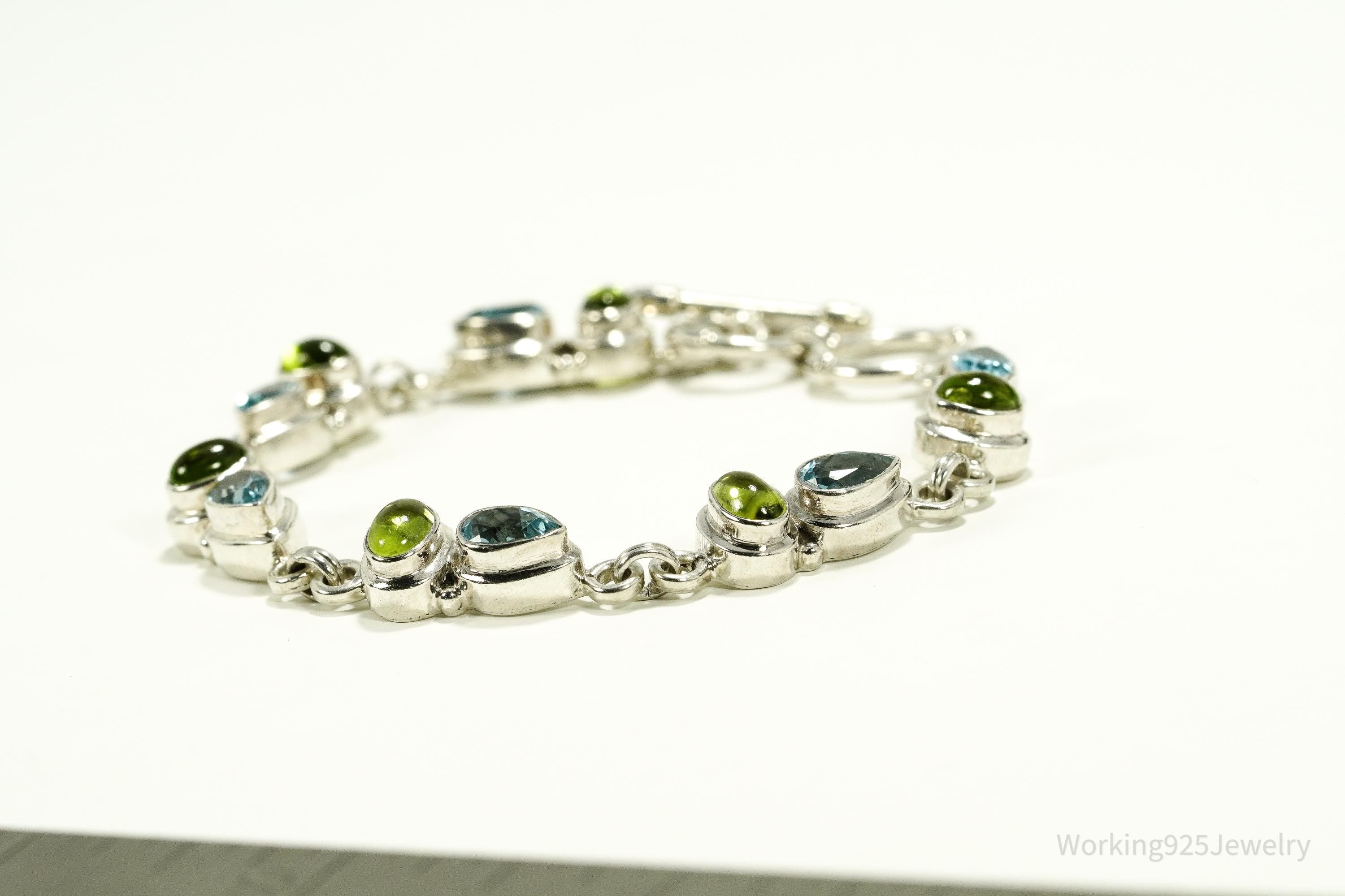 Vintage Blue Topaz & Peridot Sterling Silver Toggle Bracelet 8 1/8"