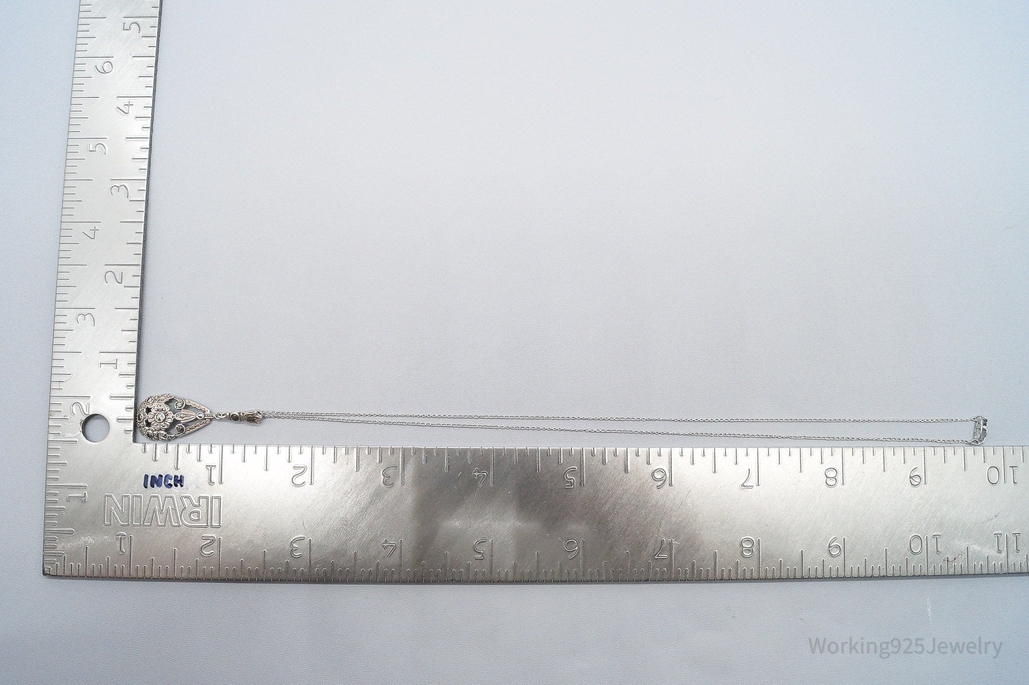 Antique German Lavaliere Floral Marcasite Sterling Silver Necklace 17"