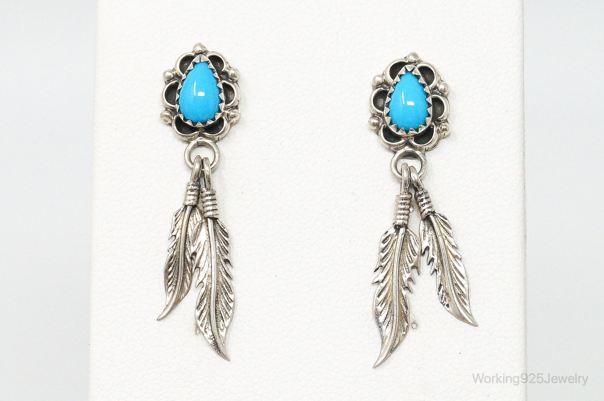 Vintage Native American RB Turquoise Feather Sterling Silver Earrings