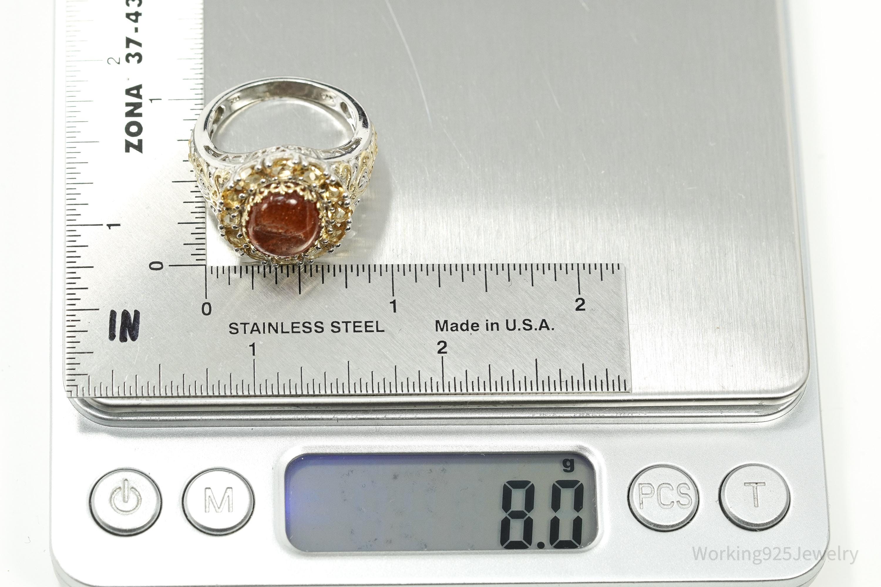 Vintage Goldstone & Citrine Gold Vermeil Sterling Silver Ring - Size 10.25
