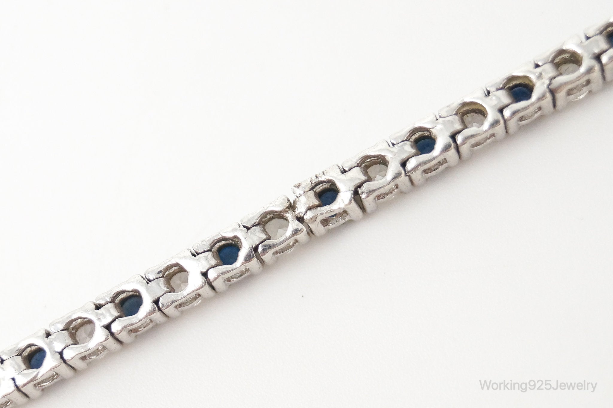 Vintage Art Deco Blue Sapphire Cubic Zirconia Sterling Silver Tennis Bracelet