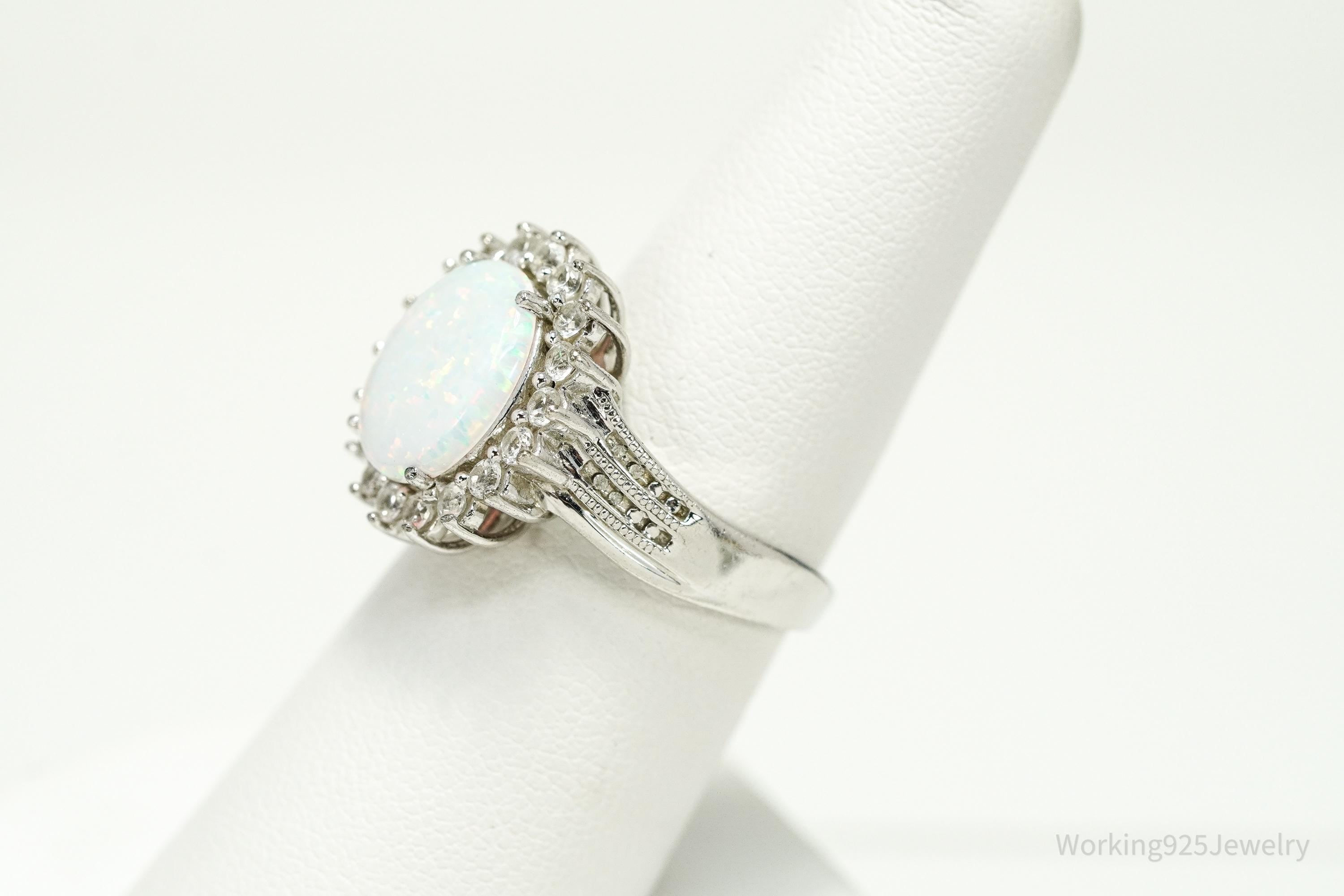 Vintage JWBR Opal, Diamond, & White Topaz Sterling Silver Ring - Size 7