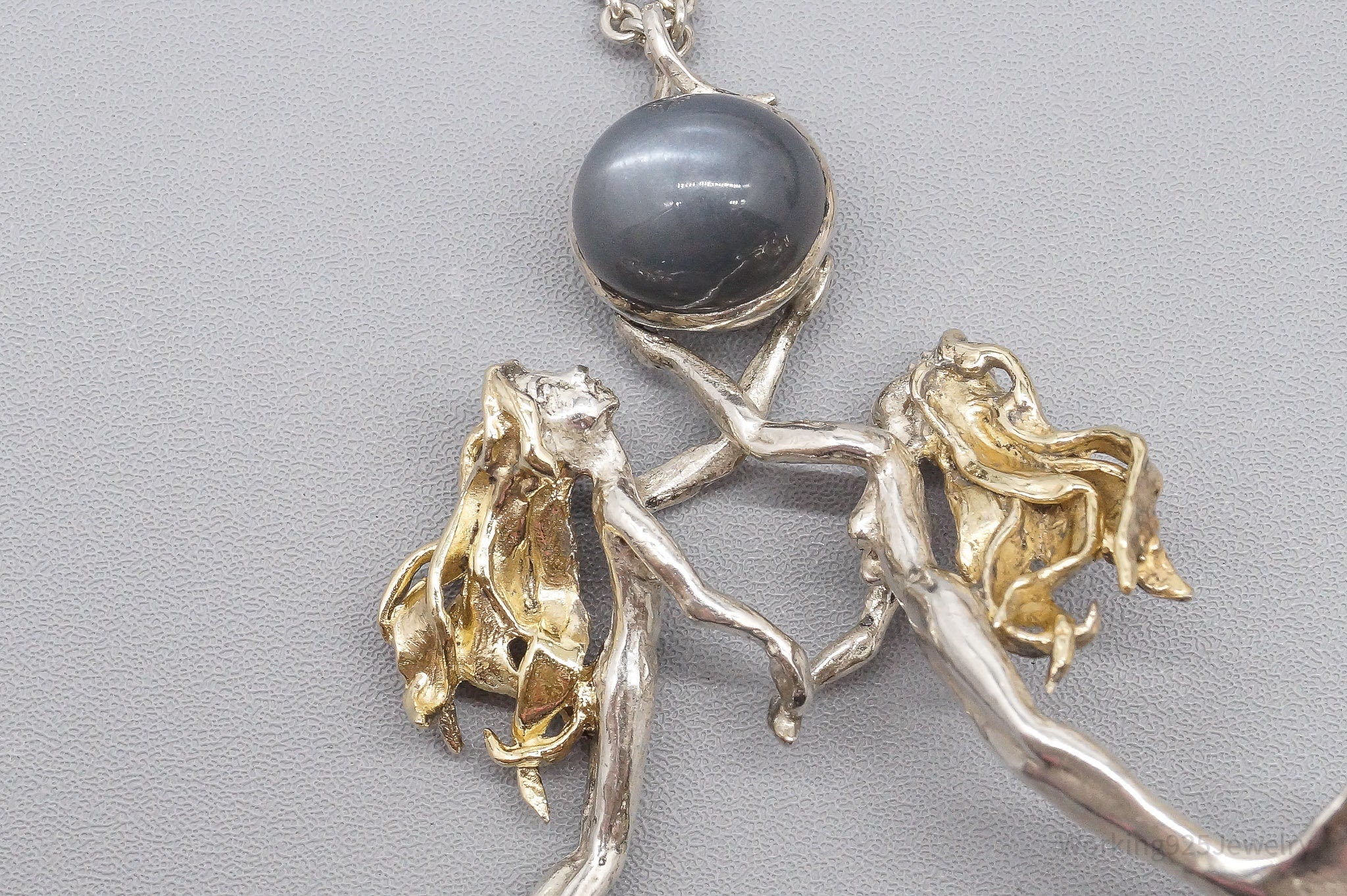 Vintage Gray Moonstone 24K Gold Sterling Silver Mermaids Necklace 34"