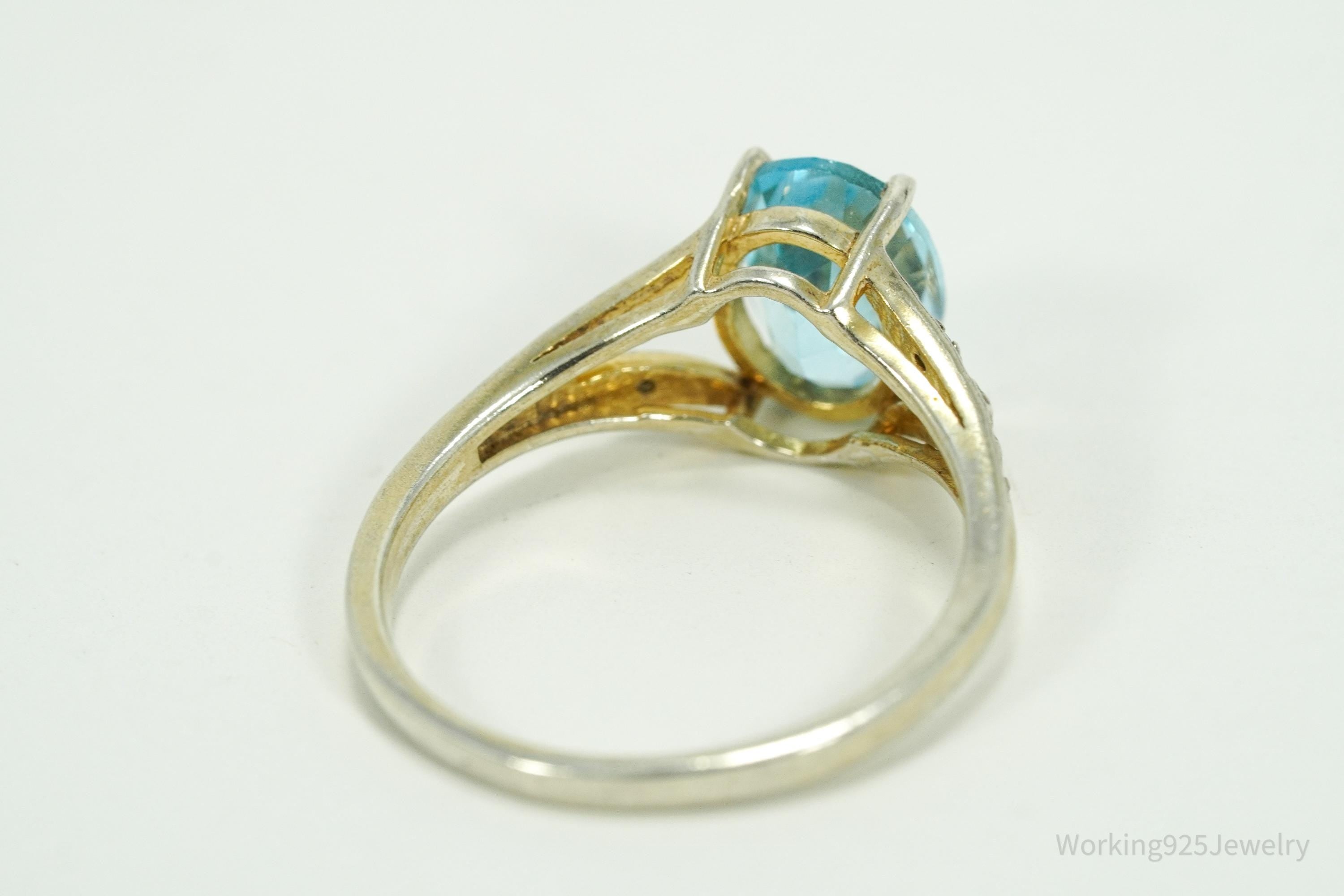 Vintage Blue Topaz & Diamond Gold Wash Sterling Silver Ring - Size 8