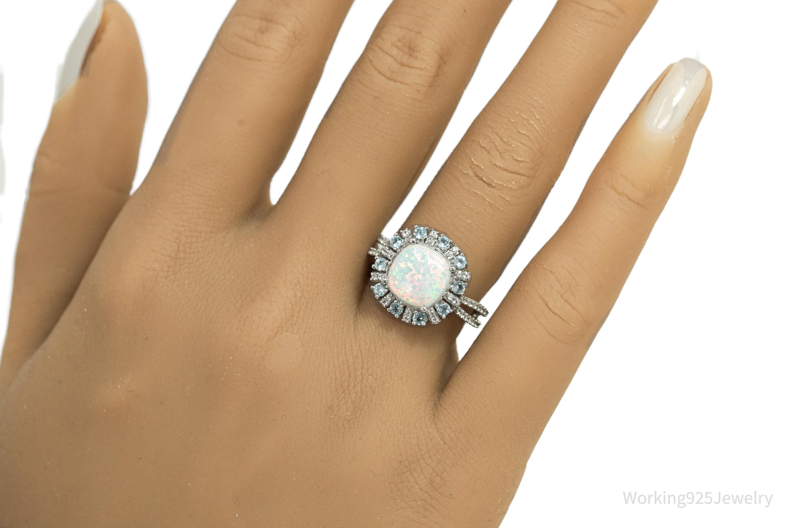 Vintage JWBR Sterling Silver Ring • Opal, Blue Topaz & CZ Cluster Size 7