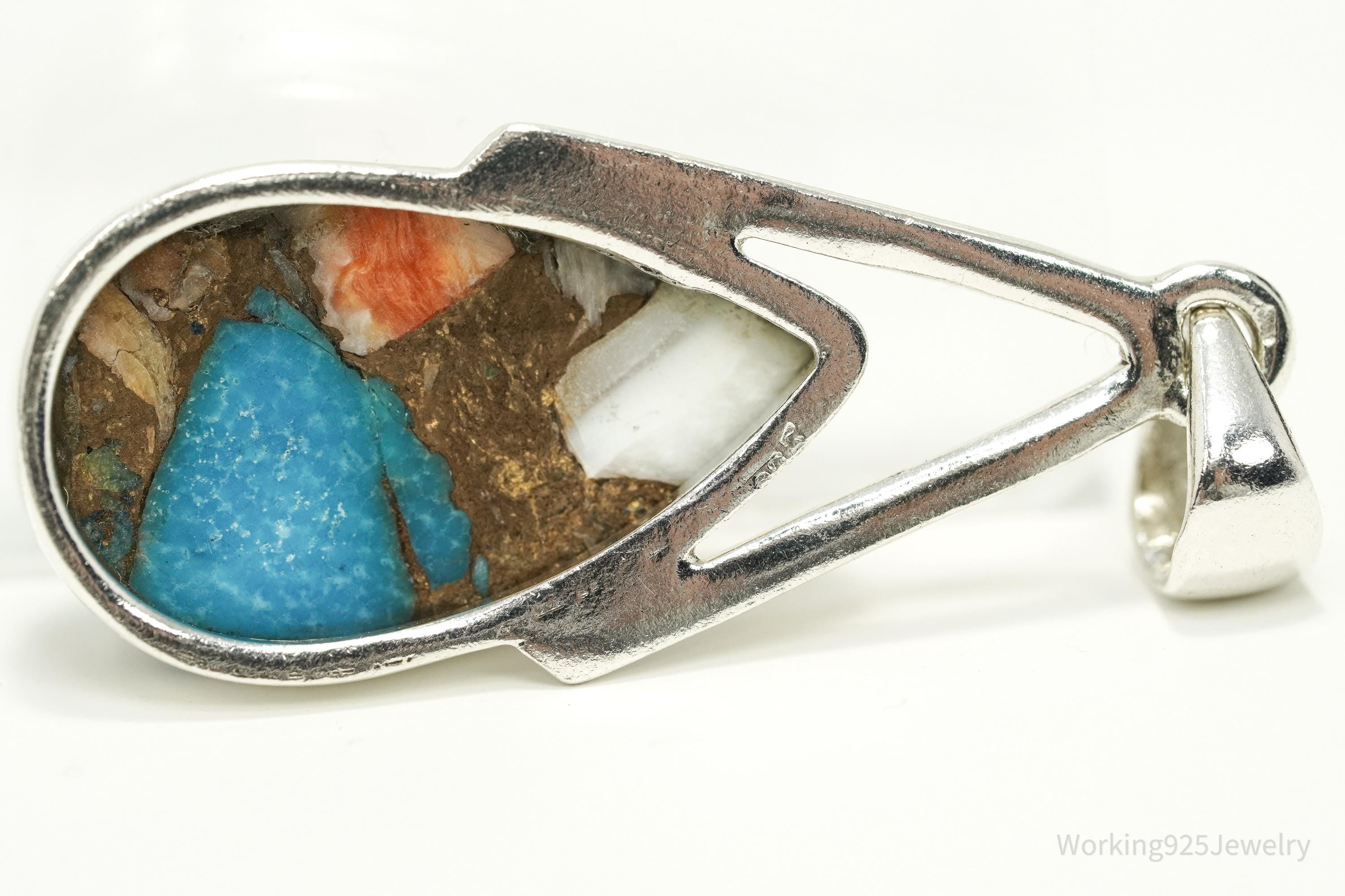 Vintage Oyster Copper Turquoise Sterling Silver Pendant 1 5/8"