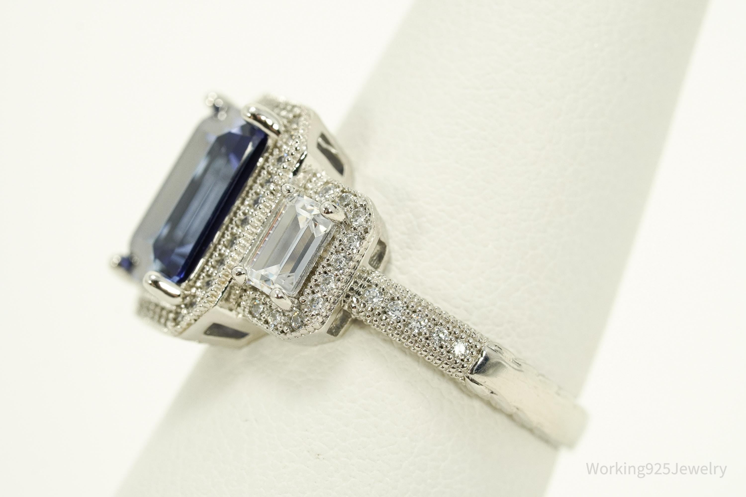 Blue Lab Sapphire & White Cubic Zirconia Sterling Silver Ring - Size 7.25