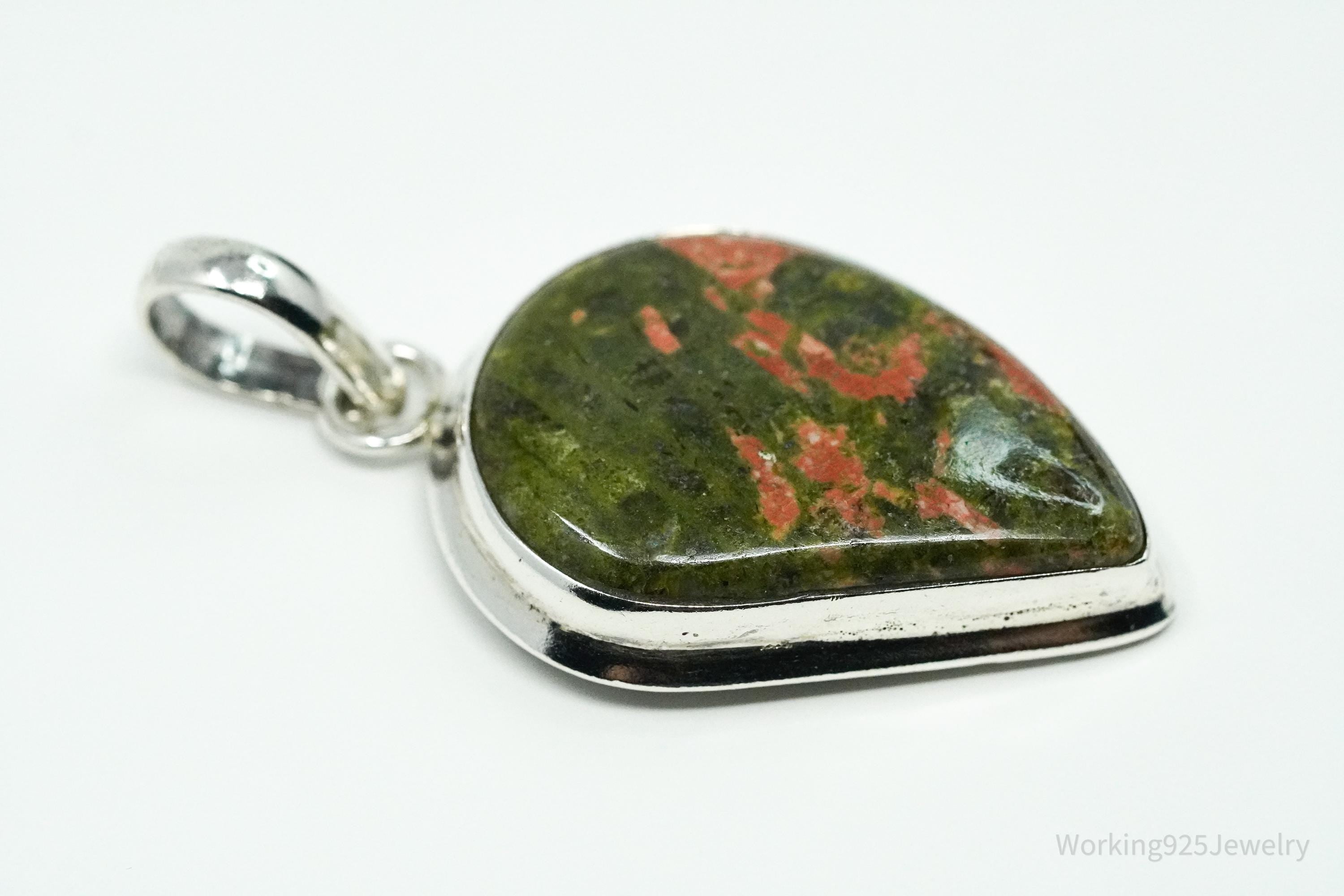Vintage Large Unakite Sterling Silver Necklace Pendant