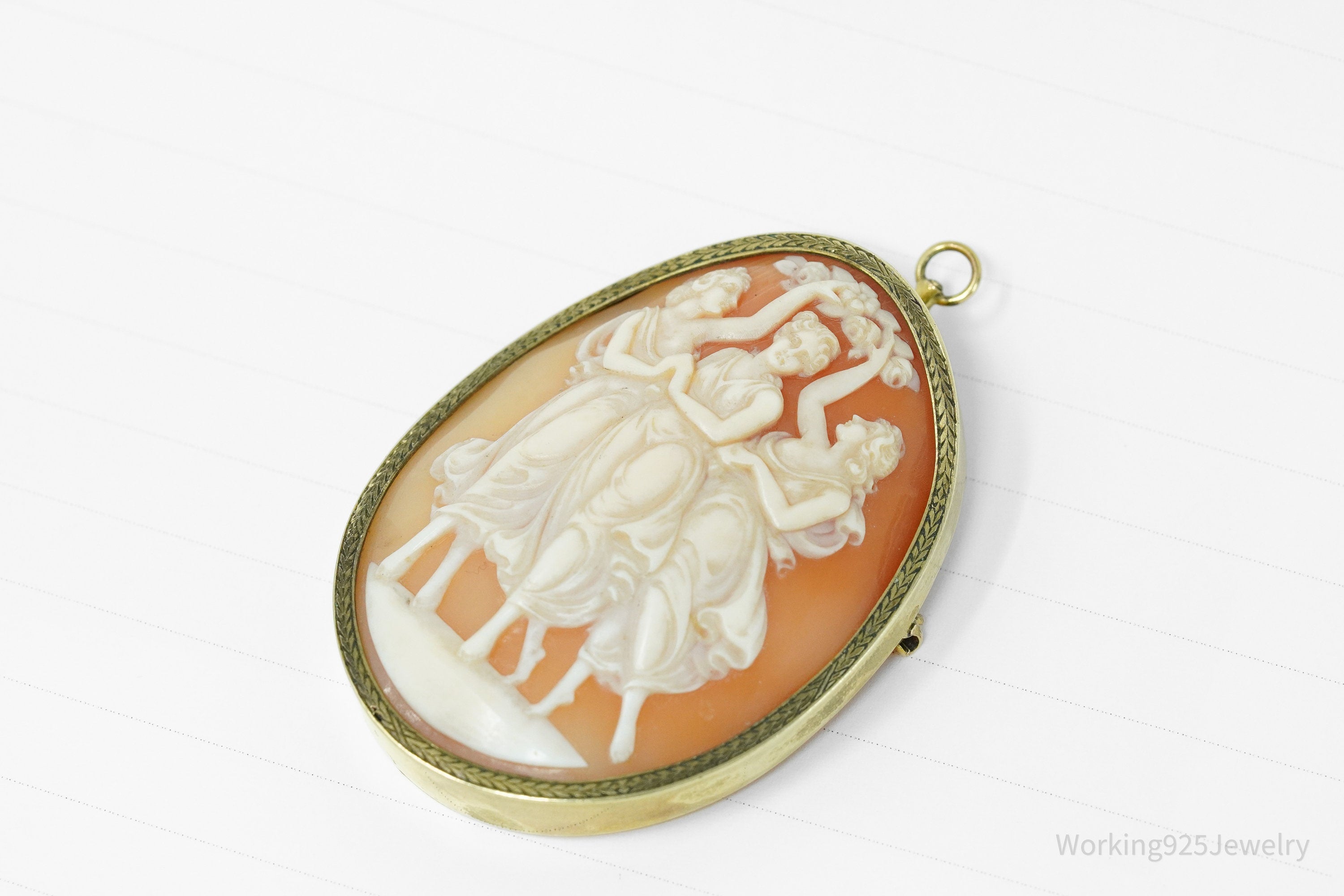 Antique 14K Yellow Gold Shell Cameo Brooch Pin Pendant