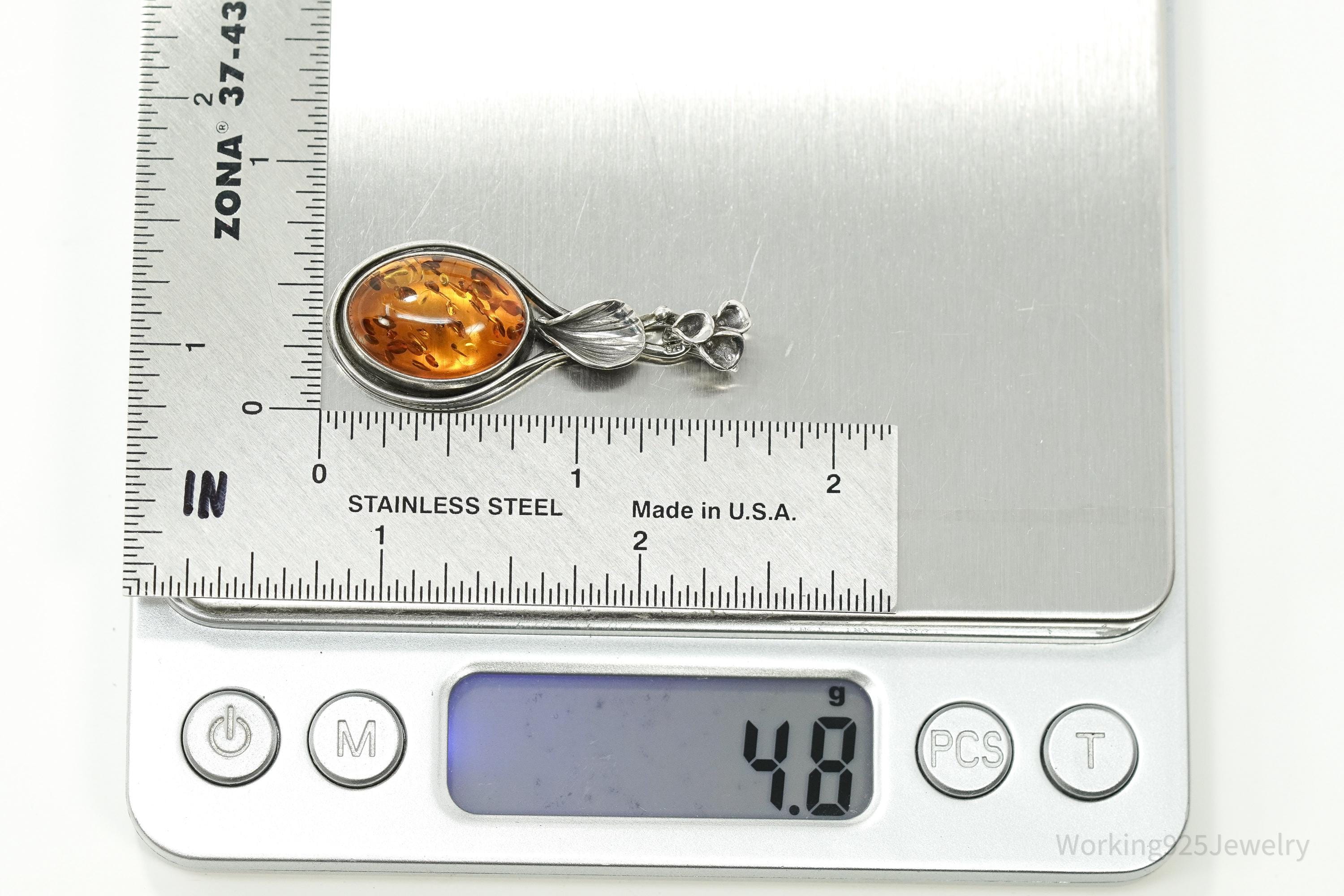 Vintage Sterling Silver Amber Pendant • Oval Cognac Baltic Gemstone Jewelry