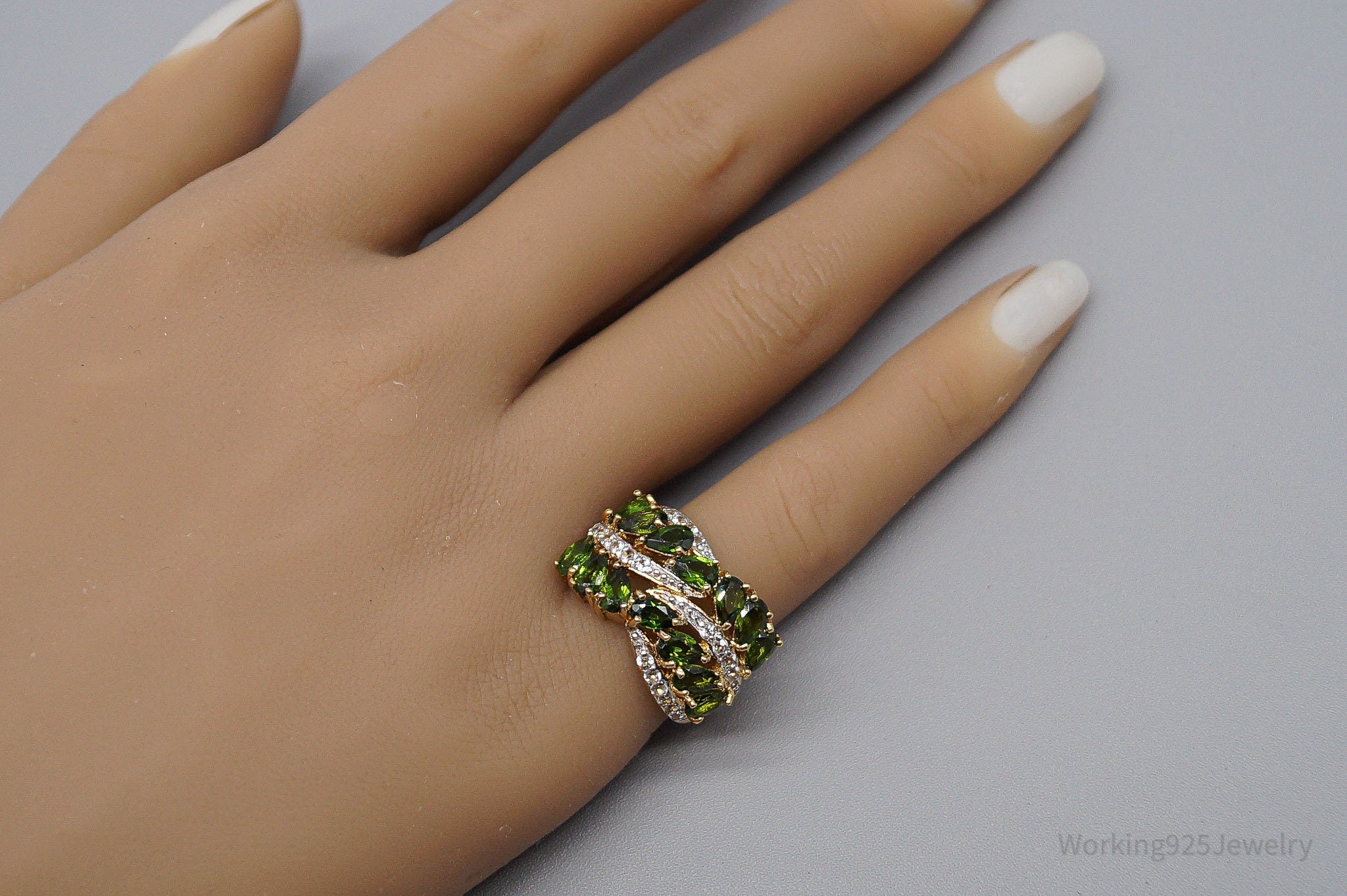 QVC Green Chrome Diopside & White Topaz Gold Over Sterling Silver Ring - Size 6