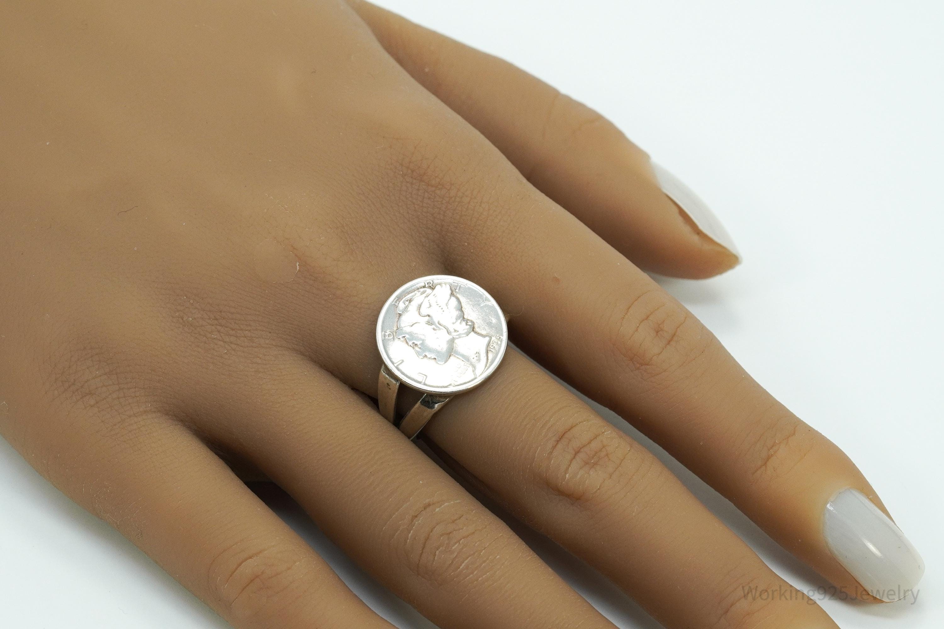 Vintage 1935 Mercury Dime Coin Silver Ring - Size 10.25
