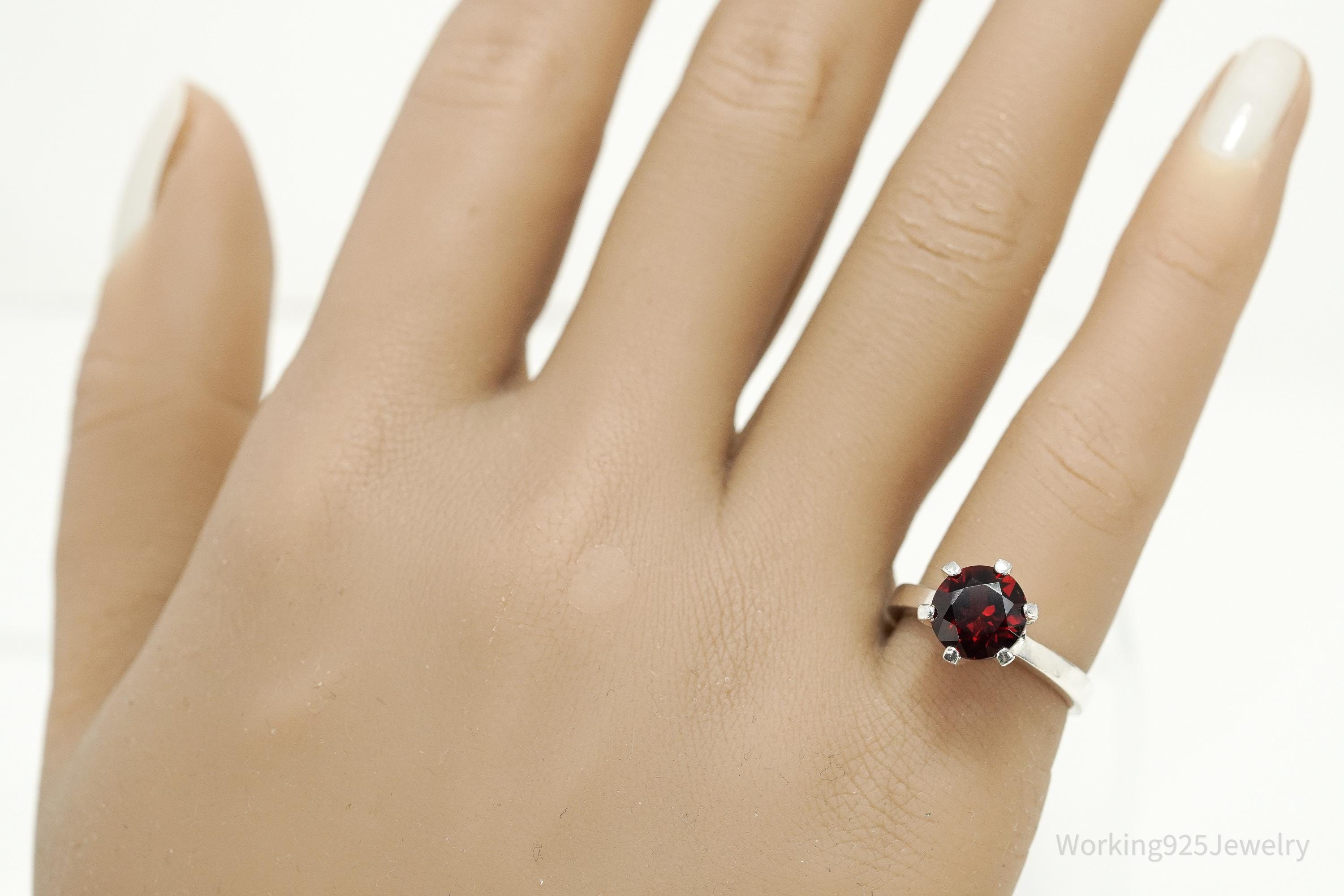 Vintage Sterling Silver Ring • Round Garnet Solitaire Gemstone Size 5