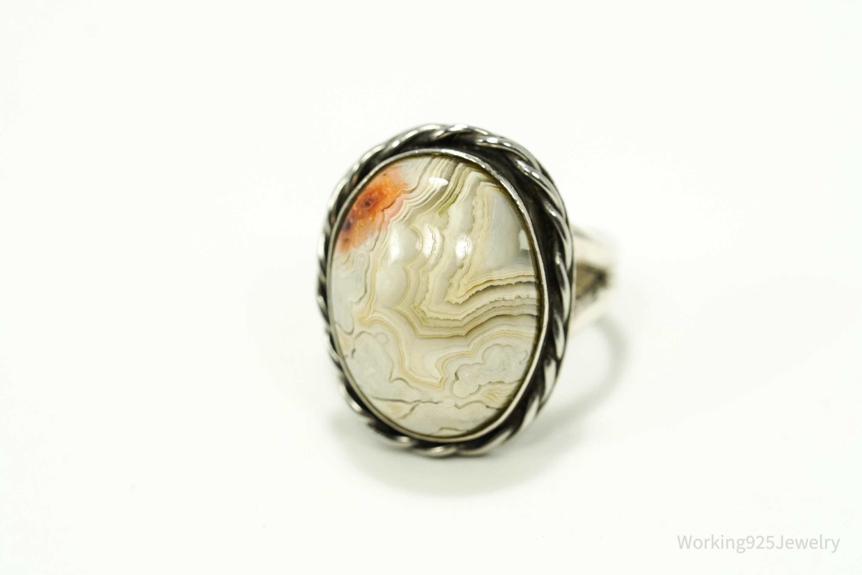 Vintage Agate Silver Ring Size 4.5