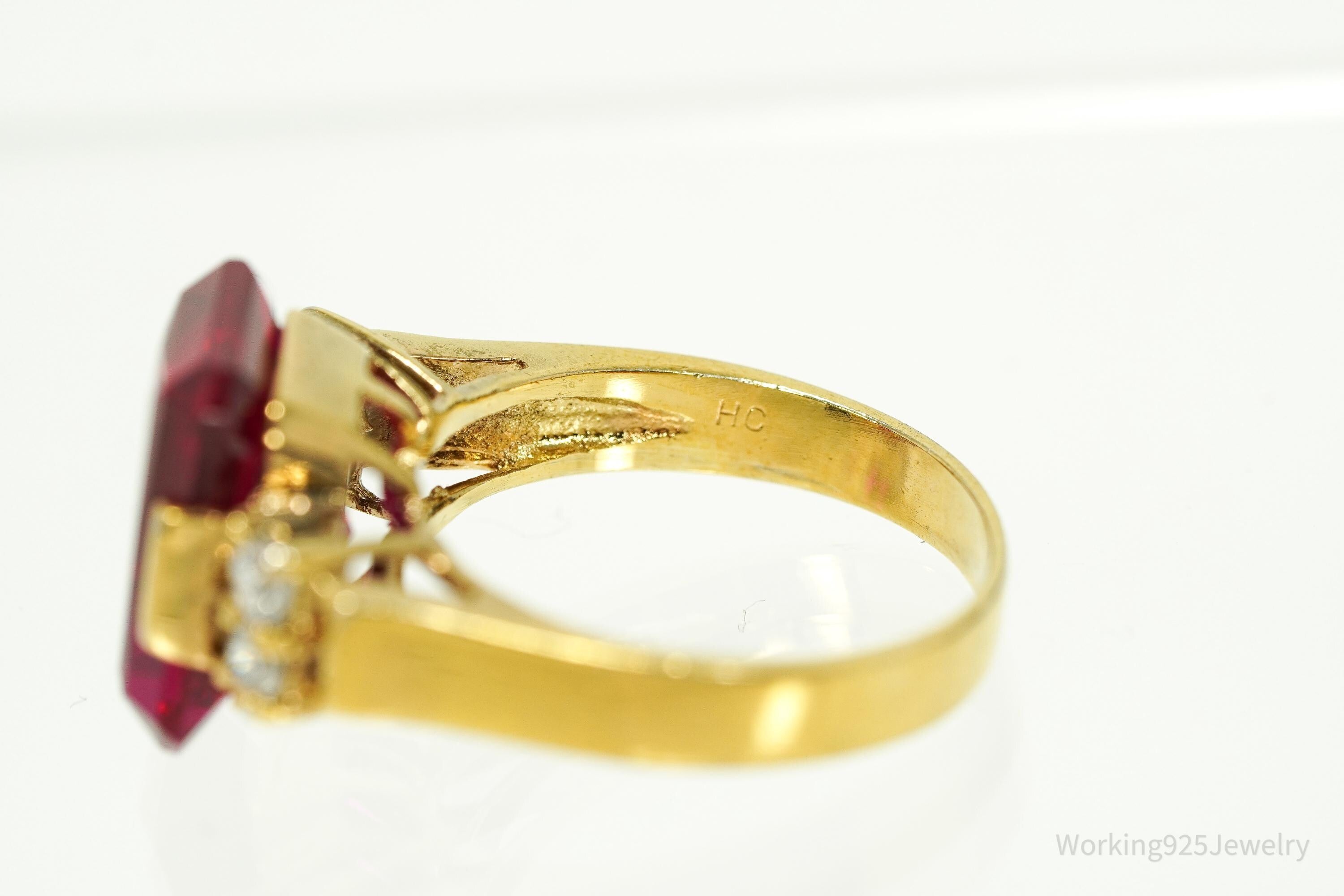 Vintage Ruby & Cubic Zirconia Gold Vermeil Sterling Silver Ring Size 8