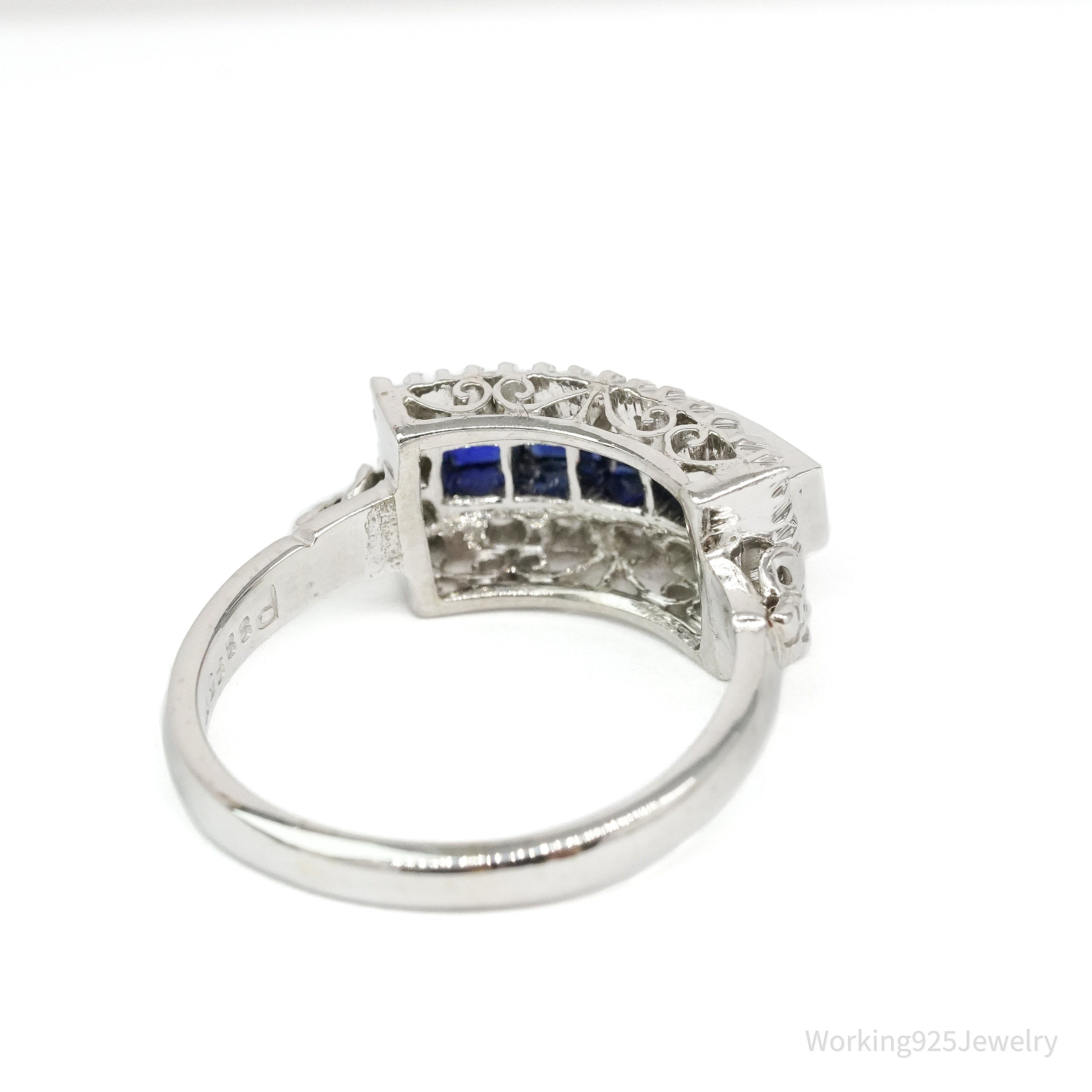 Art Deco Palladium 18K White Gold, Diamonds and Sapphires Ring Size - 8.75