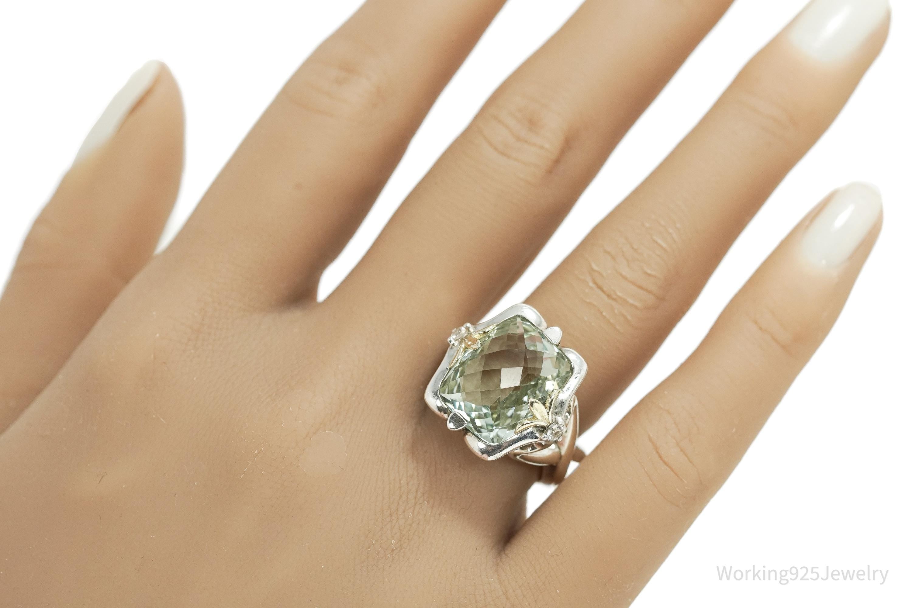 Retired Ann King Prasiolite & White Zircon 18K Gold Sterling Silver Ring Size 7