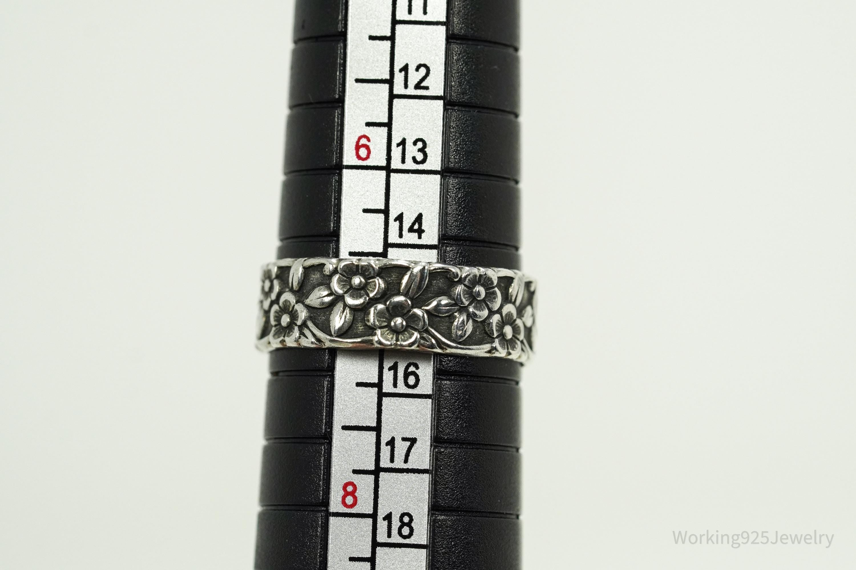 Antique Flowers Sterling Silver Band Ring - Size 7