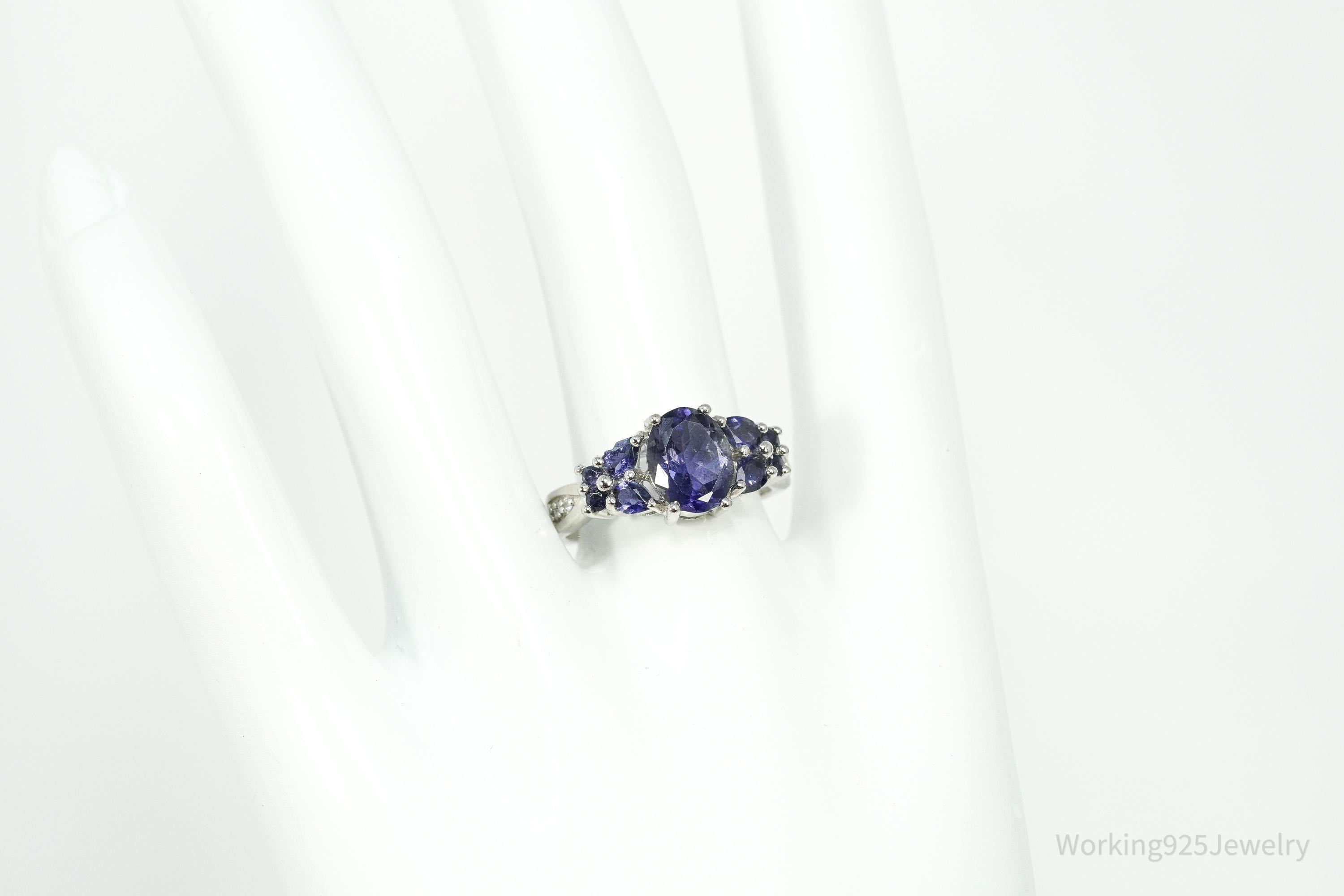 Iolite & White Zircon Rhodium Over Sterling Silver Ring - Size 7.75