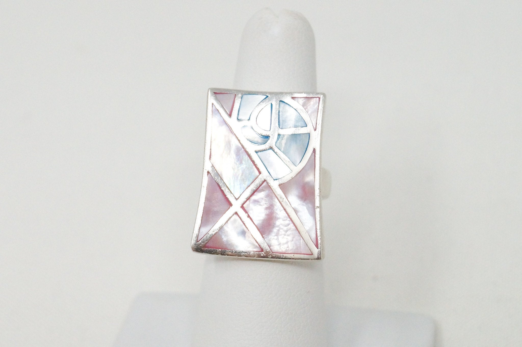 Vintage Pink Blue Mother Of Pearl Pearl Art Deco Ring Sterling Silver Sz 5.5