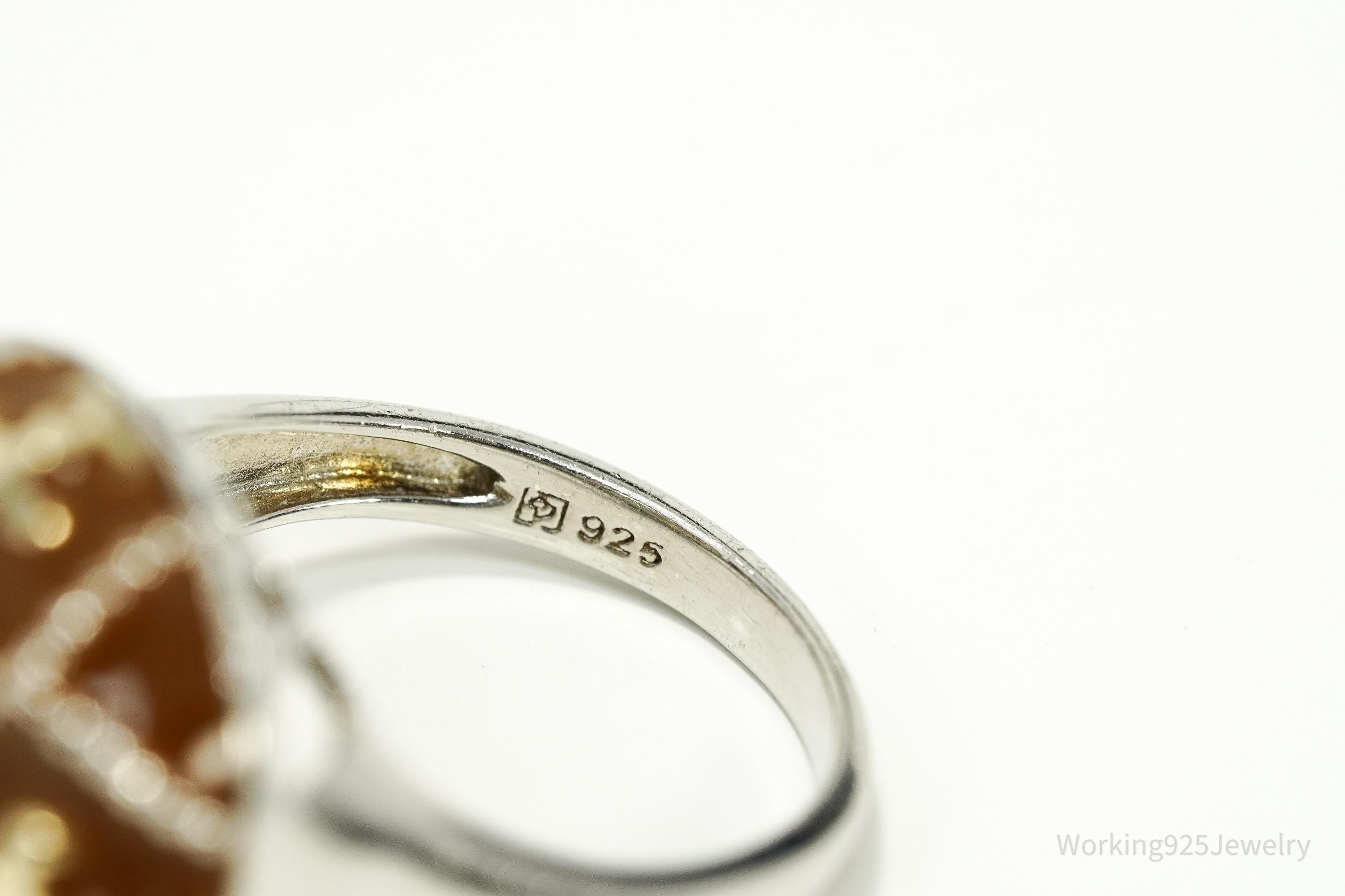 Vintage Y2K Smoky Topaz Enamel Dome Gold Vermeil Sterling Silver Ring Size 8