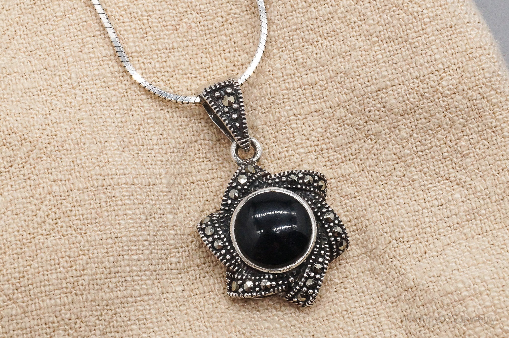Vintage Black Onyx Marcasite Sterling Silver Necklace 18"