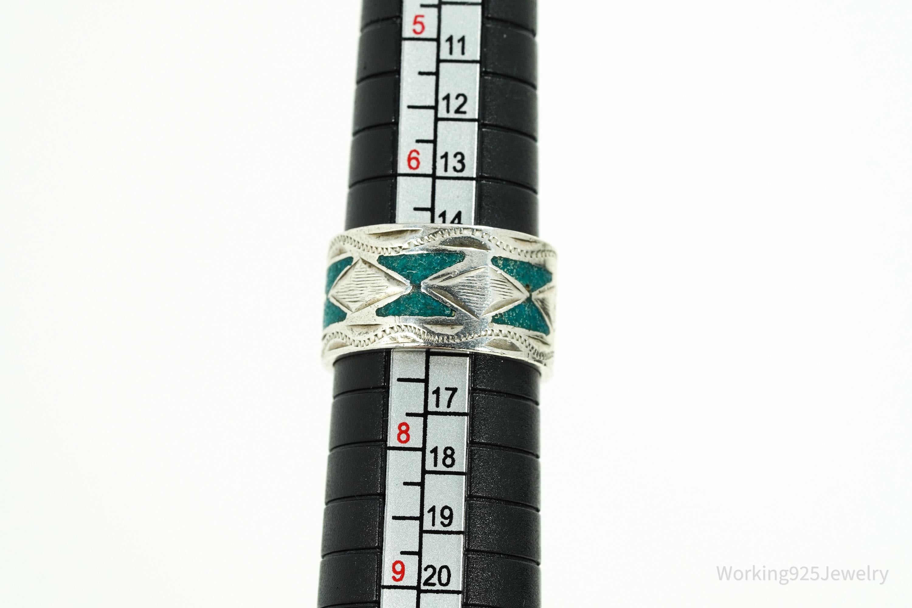 Vintage Mexico JGM Turquoise Inlay Sterling Silver Ring - Size 7.25