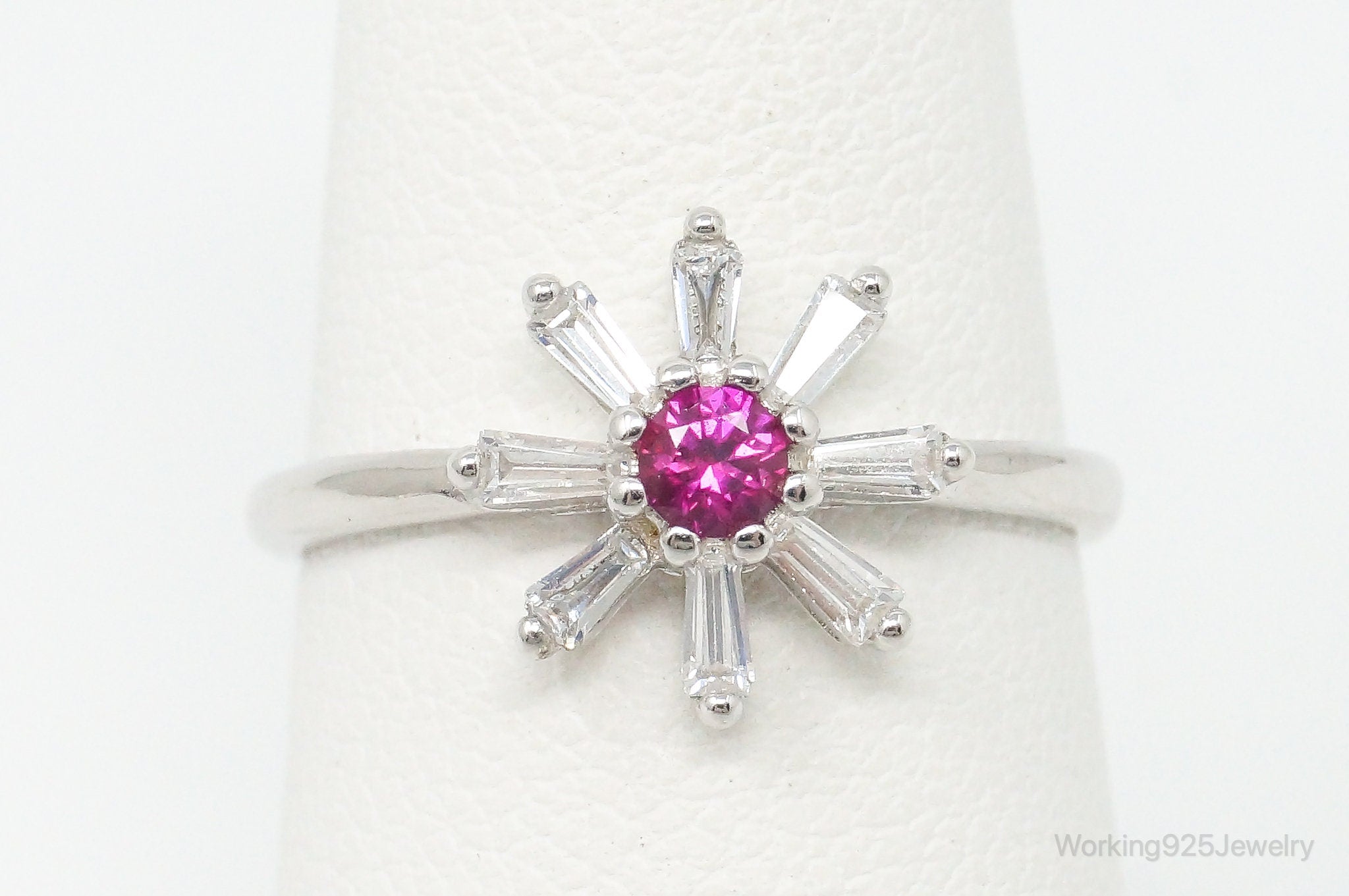 Vintage Pink Topaz & Cubic Zirconia Sterling Silver Flower Ring - Size 6 Adj.