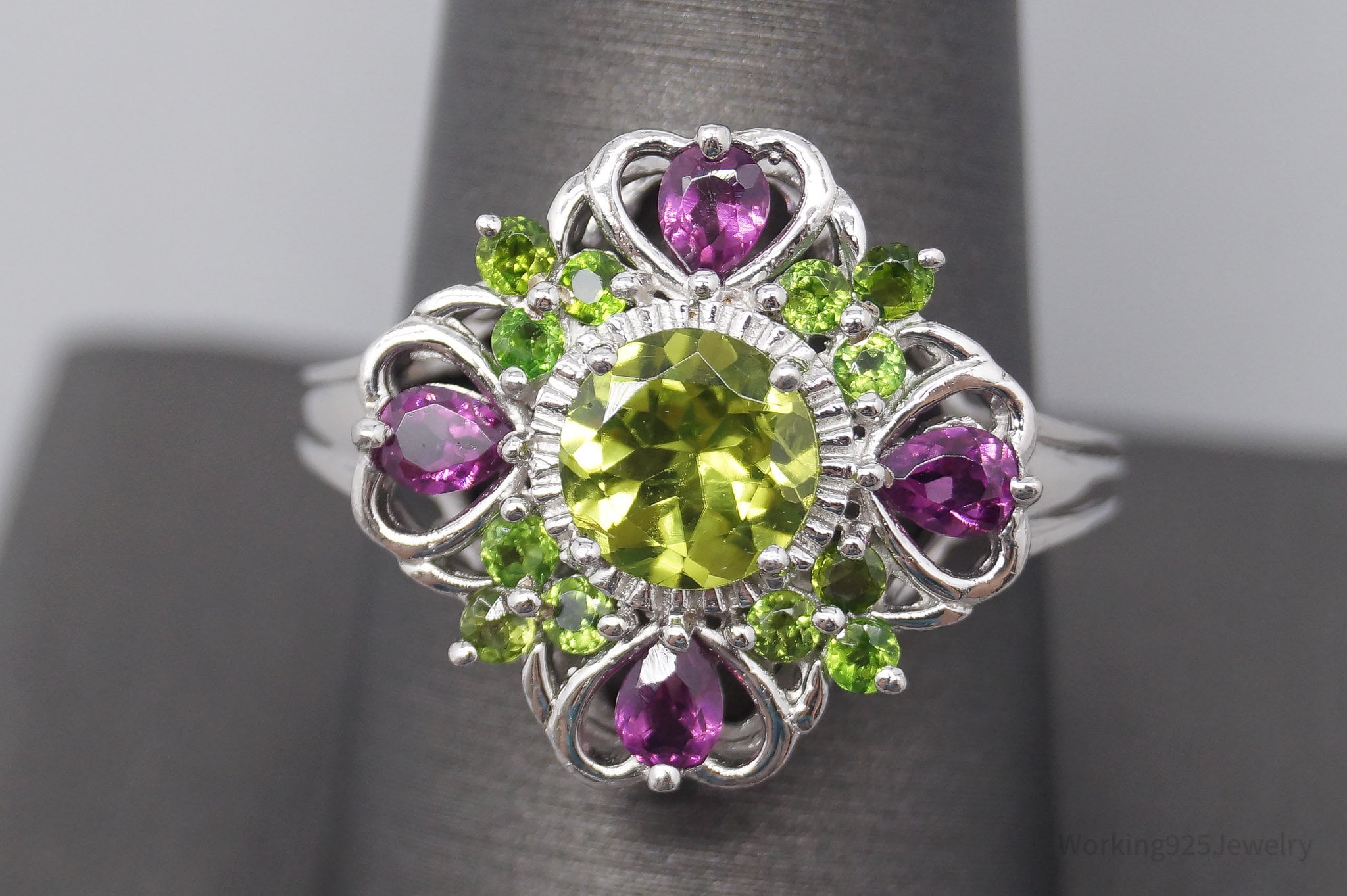 SGL Peridot & Pink Tourmaline Sterling Silver Ring - Size 9.75