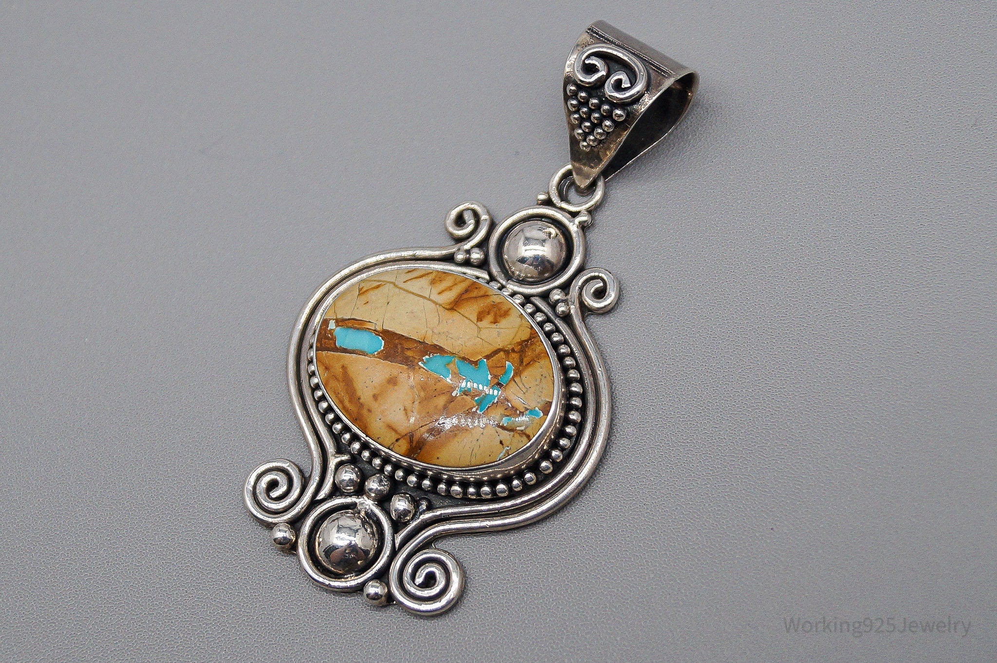 Large Vintage BNY Jasper With Hint Of Turquoise Sterling Silver Pendant