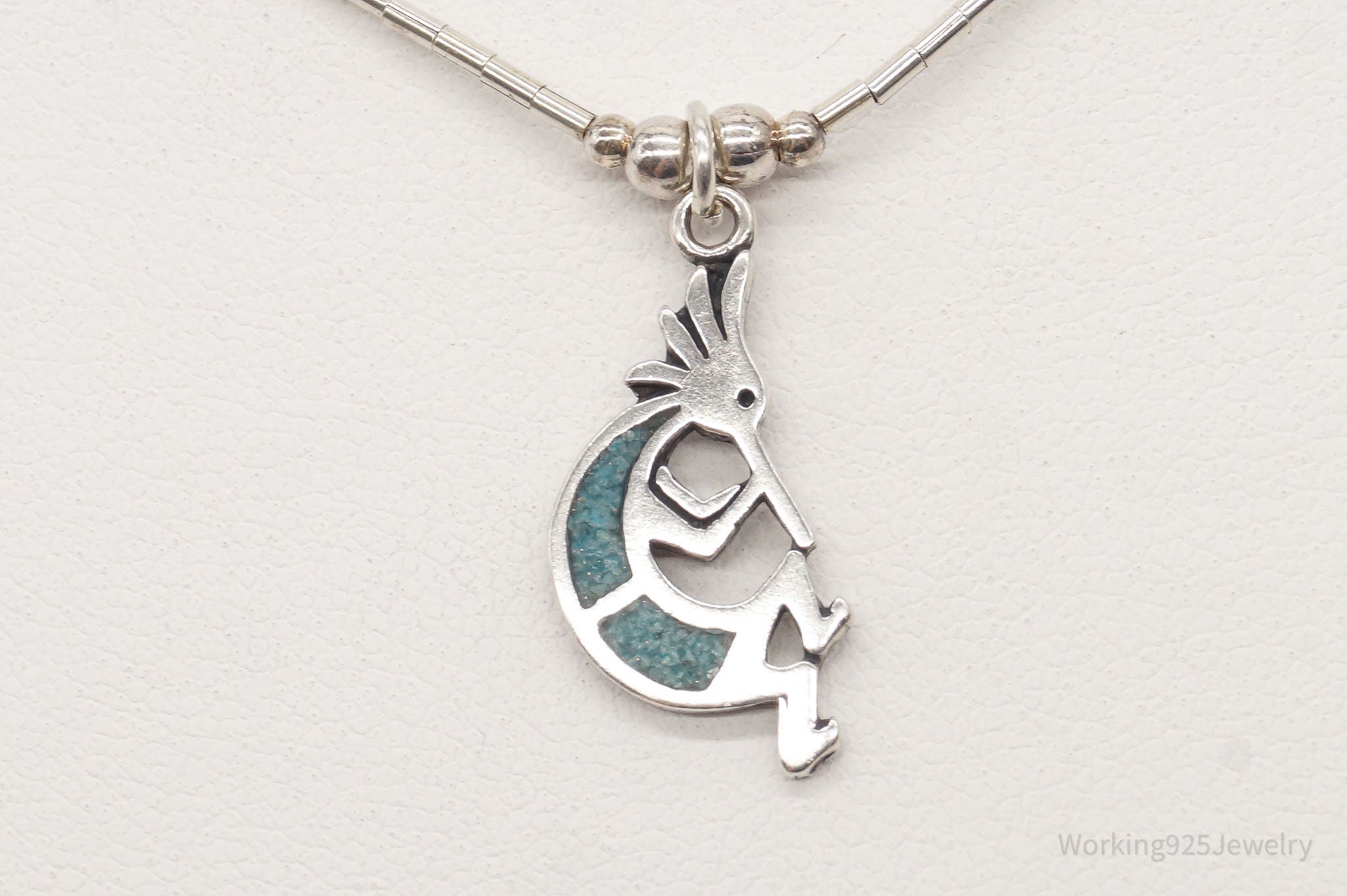 Vintage Native America Turquoise Dancing Kokopelli Sterling Silver Necklace