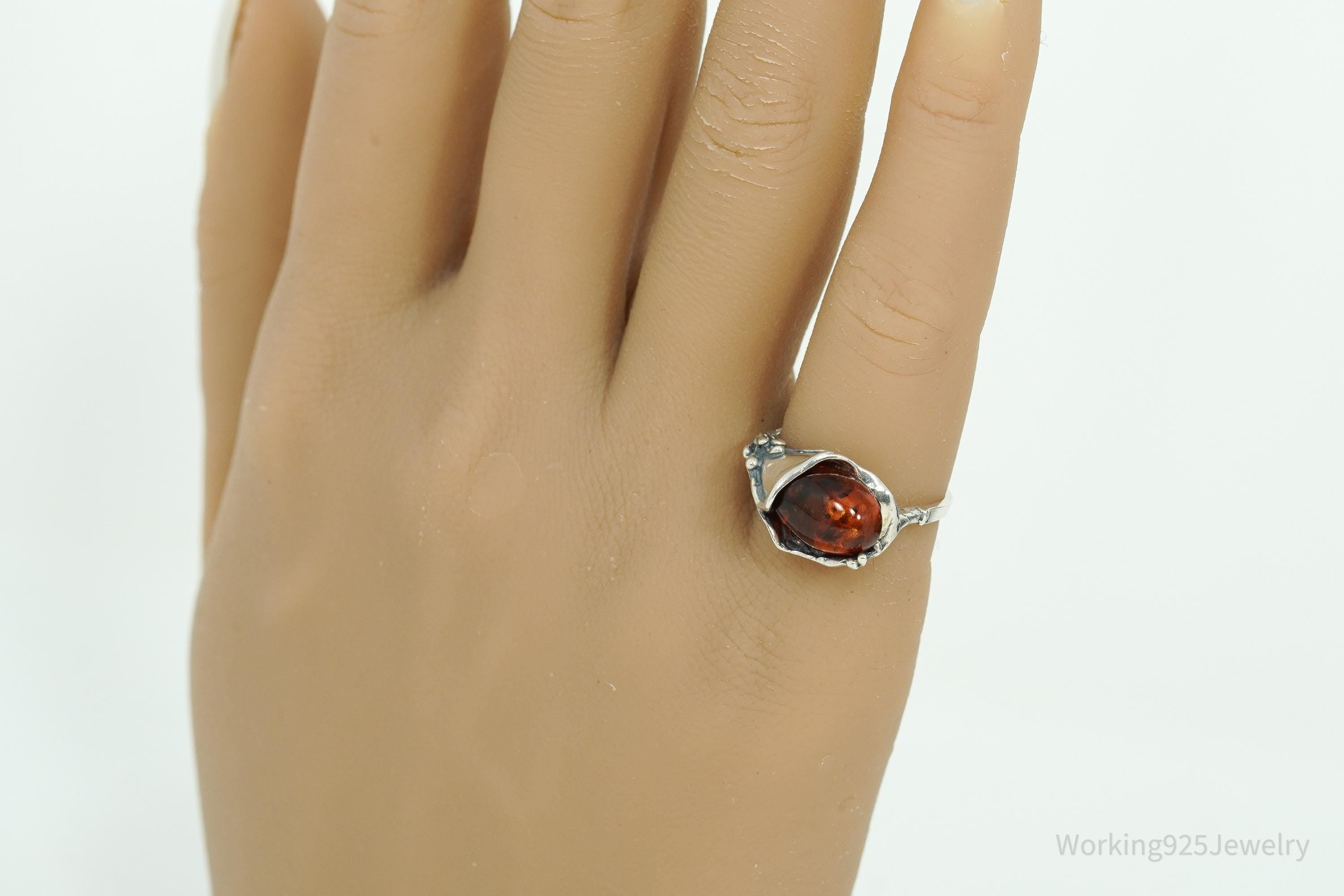 Vintage Amber Modernist Style Sterling Silver Ring - Size 6.5