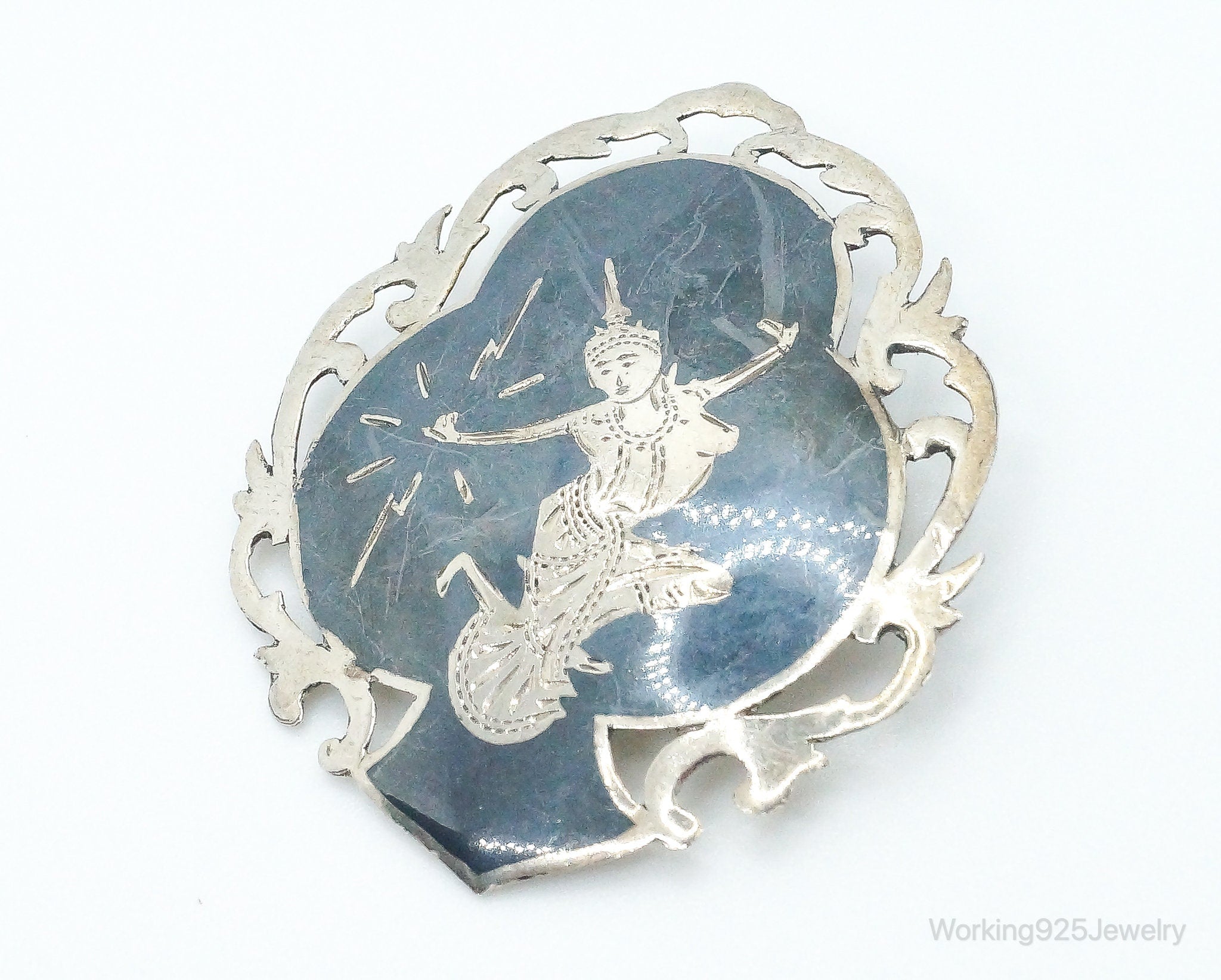 Vintage SIAM Goddess Dancers Enamel Sterling Silver Brooch Pin