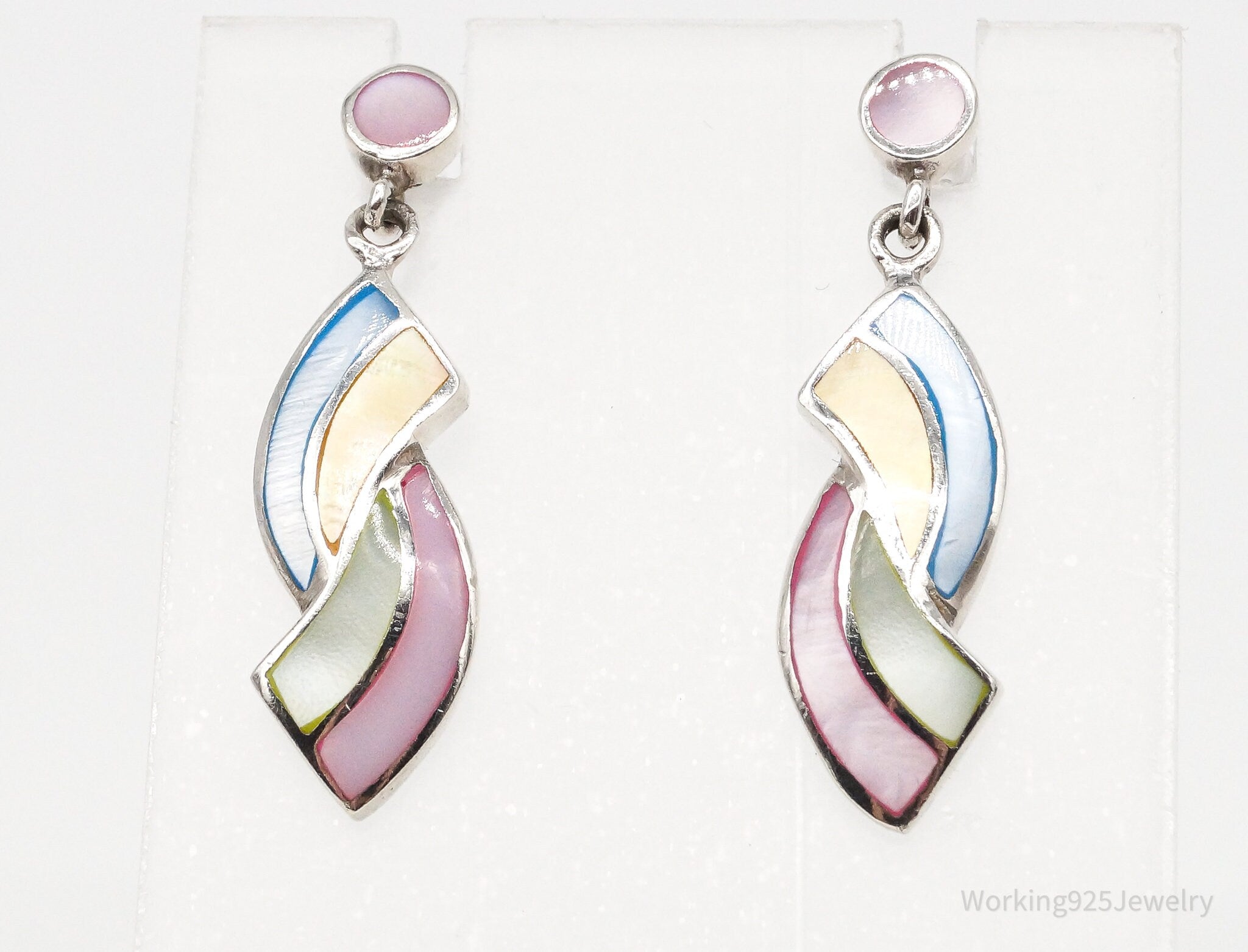 Vintage Multi Color Mother Of Pearl Inlay Sterling Silver Earrings