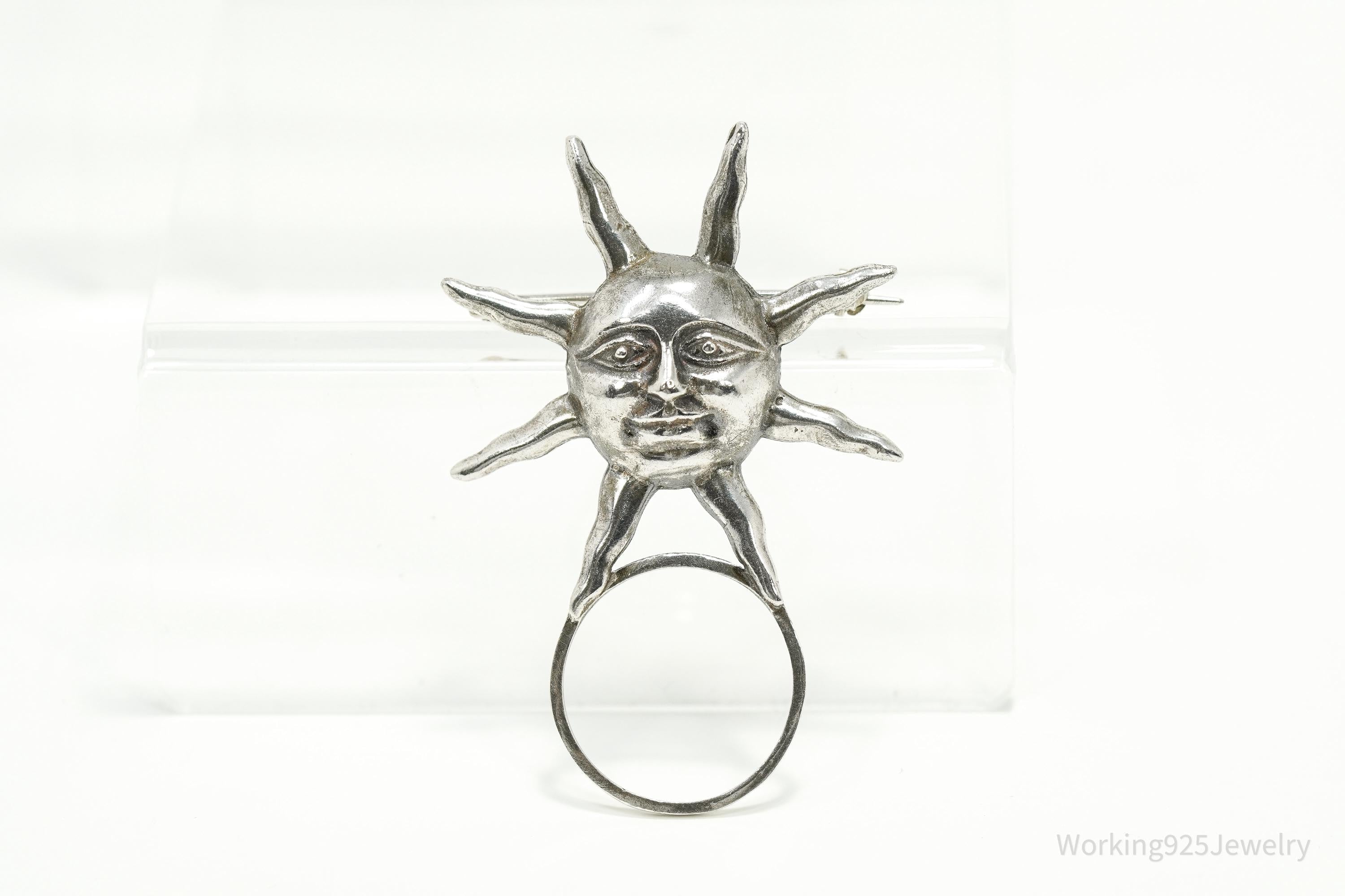 Vintage Large Sun Face Sterling Silver Pin Pendant 2.25"