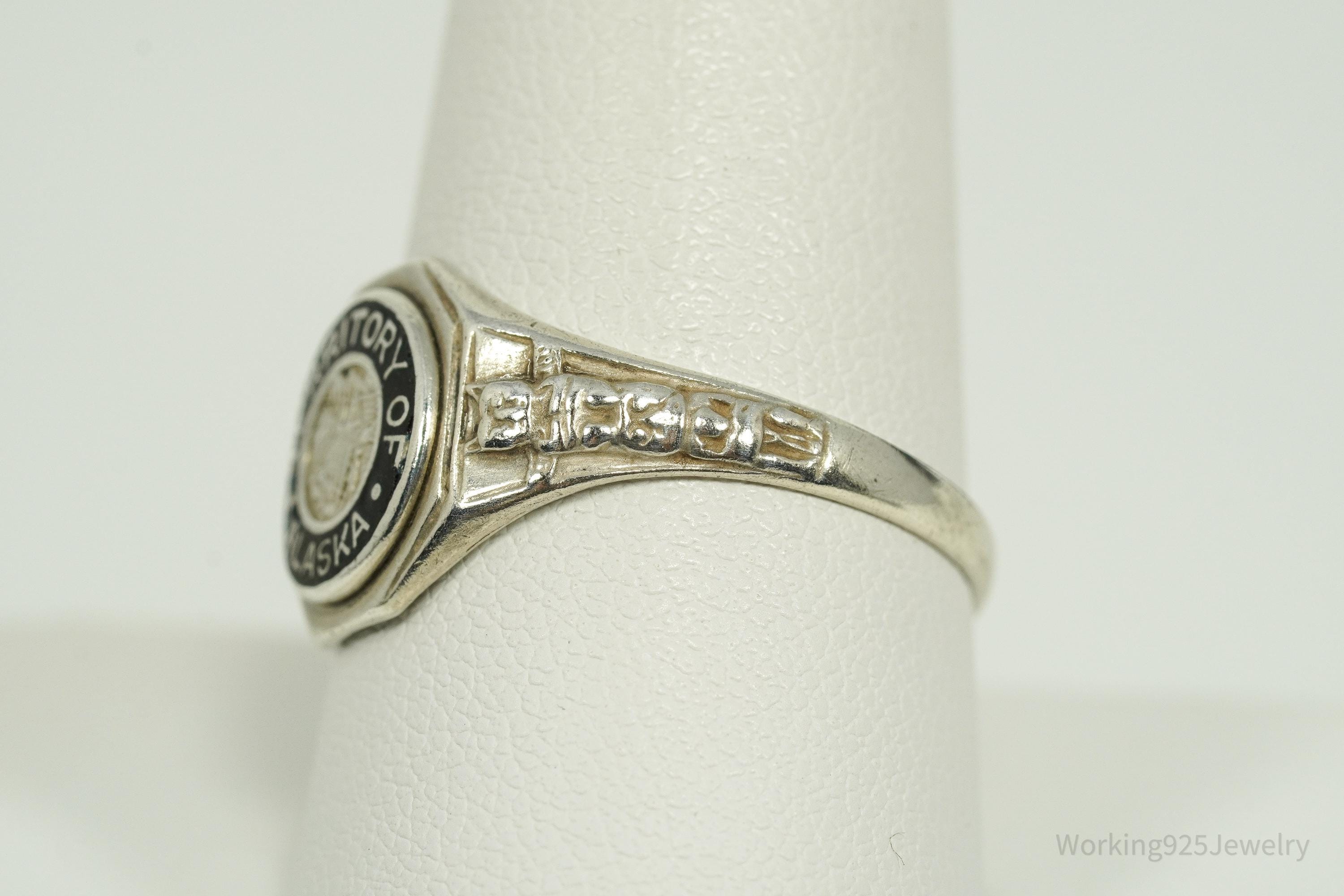 RARE 1930s Territory Of Alaska Souvenir Sterling Silver Ring - Size 9.75