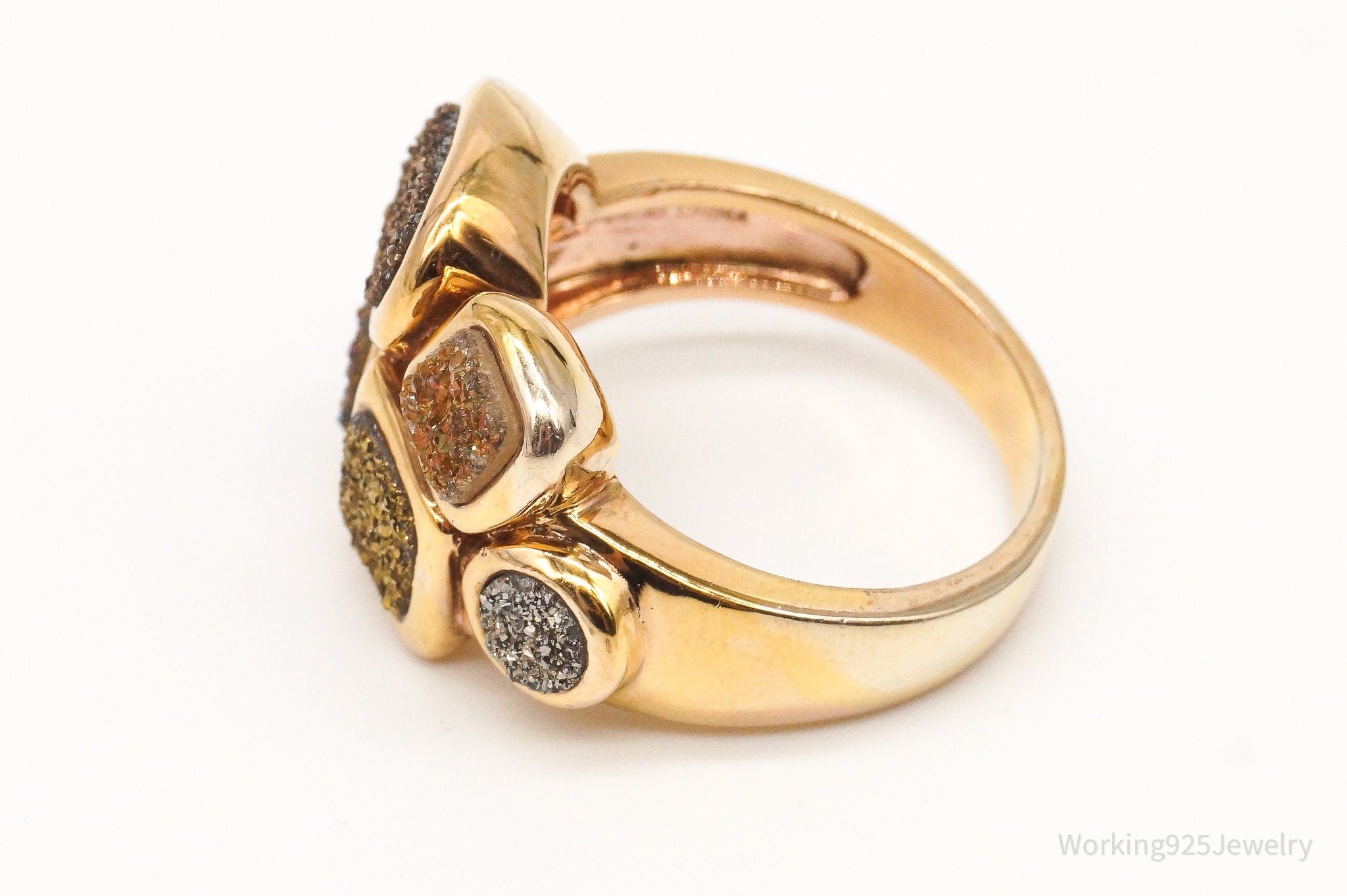 Vintage Designer RI Druzy Quartz Gold Vermeil Sterling Silver Ring - Size 9