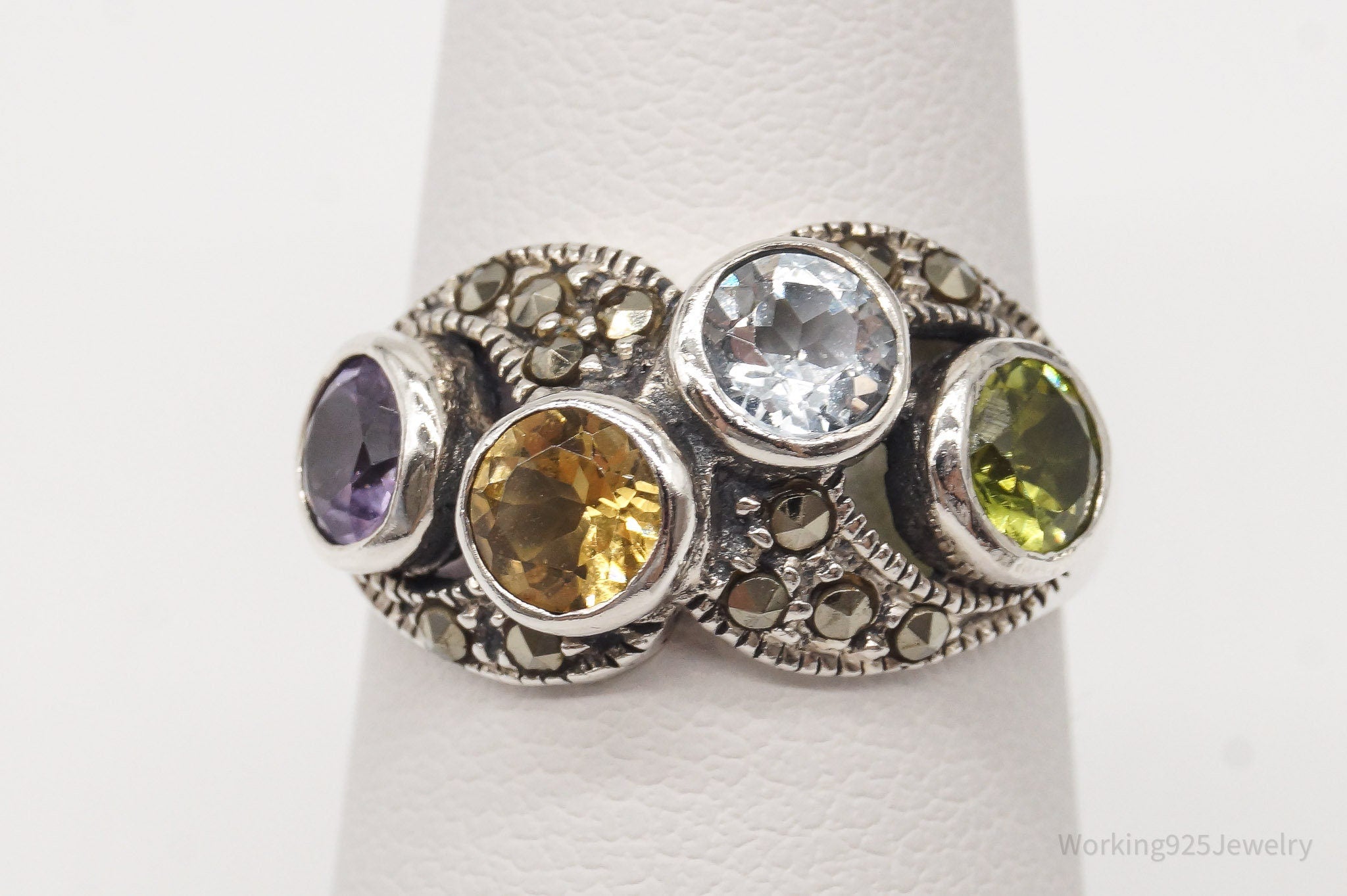 Vintage Multi Gemstone Sterling Silver Ring - Size 6